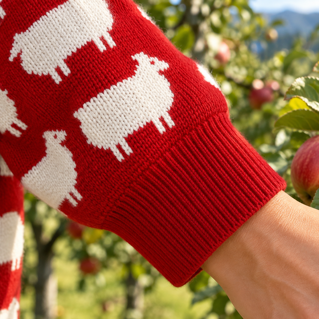 Detailansicht von Ärmel und Bündchen der Ghislaine Strickjacke in Rot mit weißen Schafen und einem schwarzen Schaf