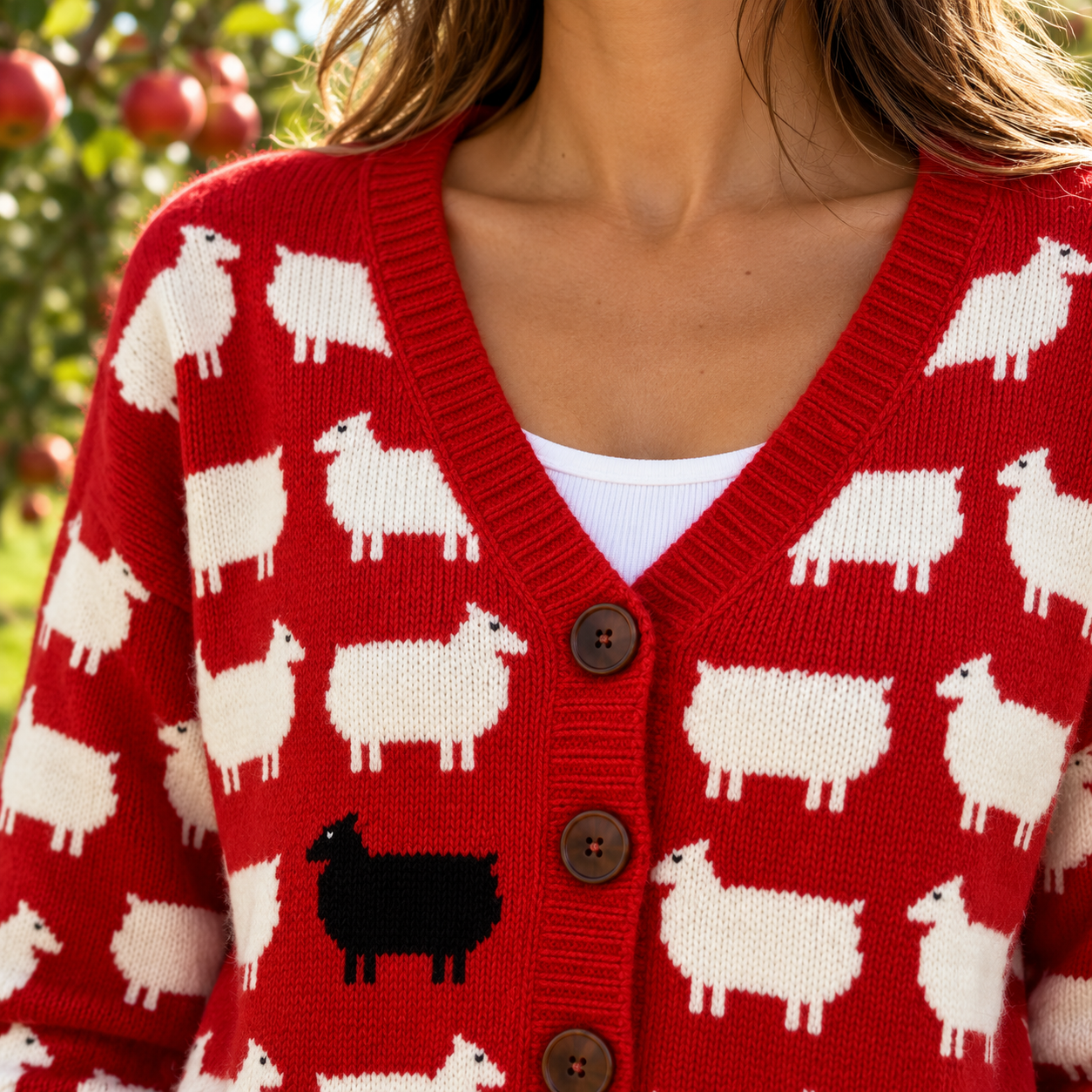 Detailansicht von Ausschnitt der Ghislaine Strickjacke in Rot mit weißen Schafen und einem schwarzen Schaf
