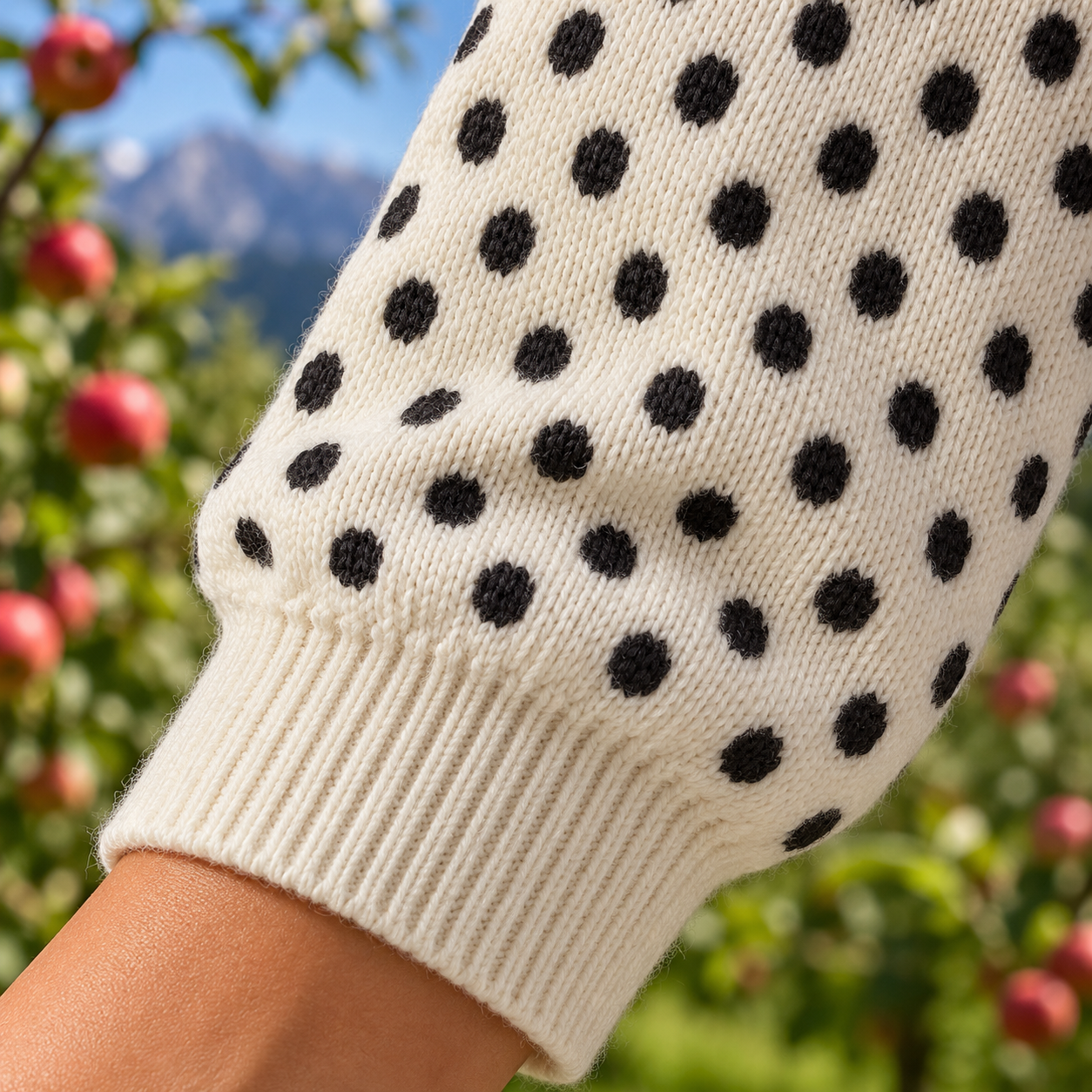 Detailansicht von Ärmel und Bündchen der Isaure Strickjacke in Rosa und Cremeweiß mit Katzenmotiv