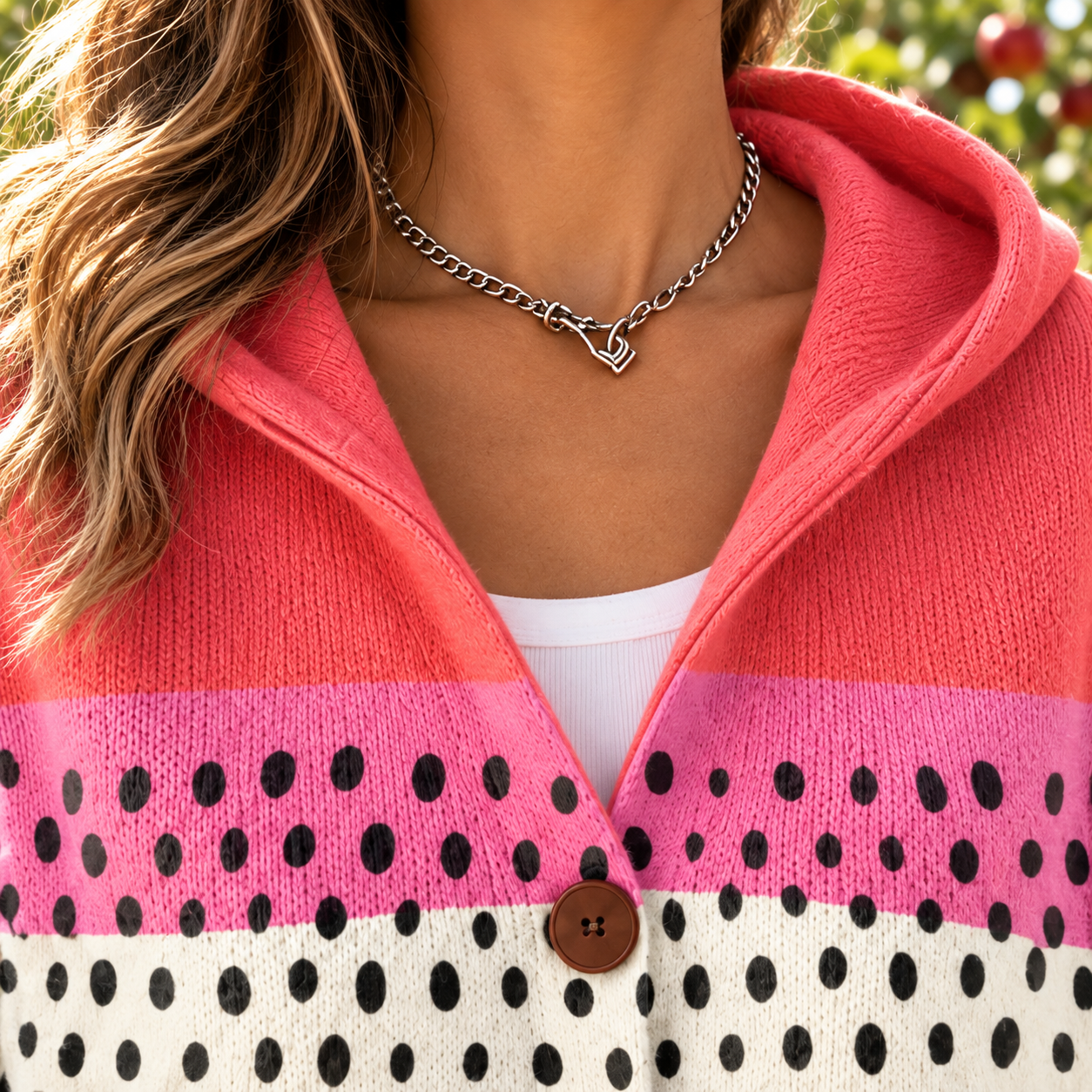 Detailansicht von Ausschnitt und Kapuze der Isaure Strickjacke in Rosa und Cremeweiß mit Katzenmotiv