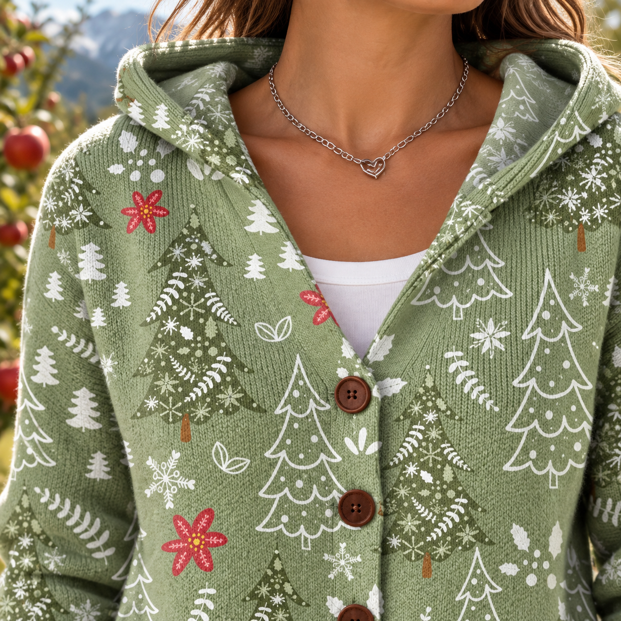 Nathalie – Bequeme Strickjacke mit Kapuze – Detailansicht von Ausschnitt und Knopfleiste