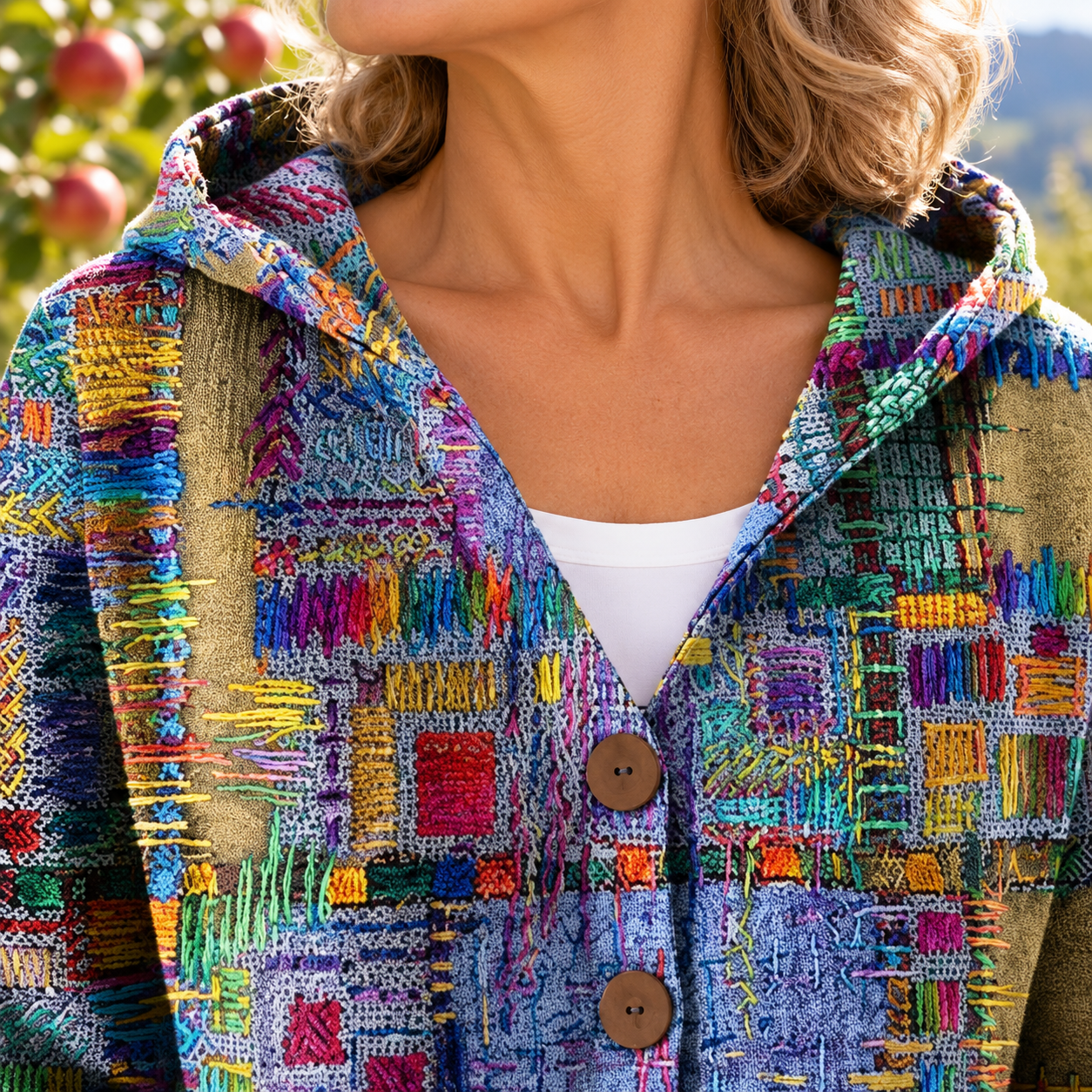 Strickjacke Philomène Detail von Ausschnitt und oberen Knöpfen.