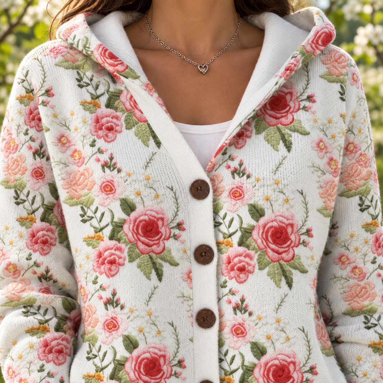 Quitterie – Bequeme Strickjacke mit Kapuze – Detailansicht von Ausschnitt und Knopfleiste