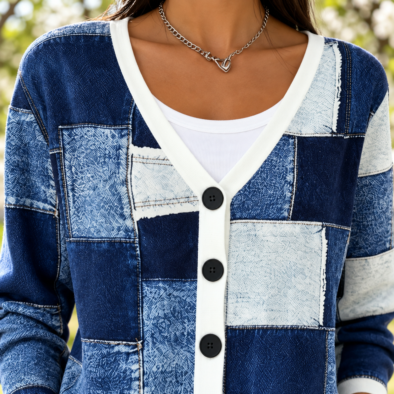 Salomé – Bequeme Strickjacke mit Knöpfen – Detailansicht von Ausschnitt und Knopfleiste