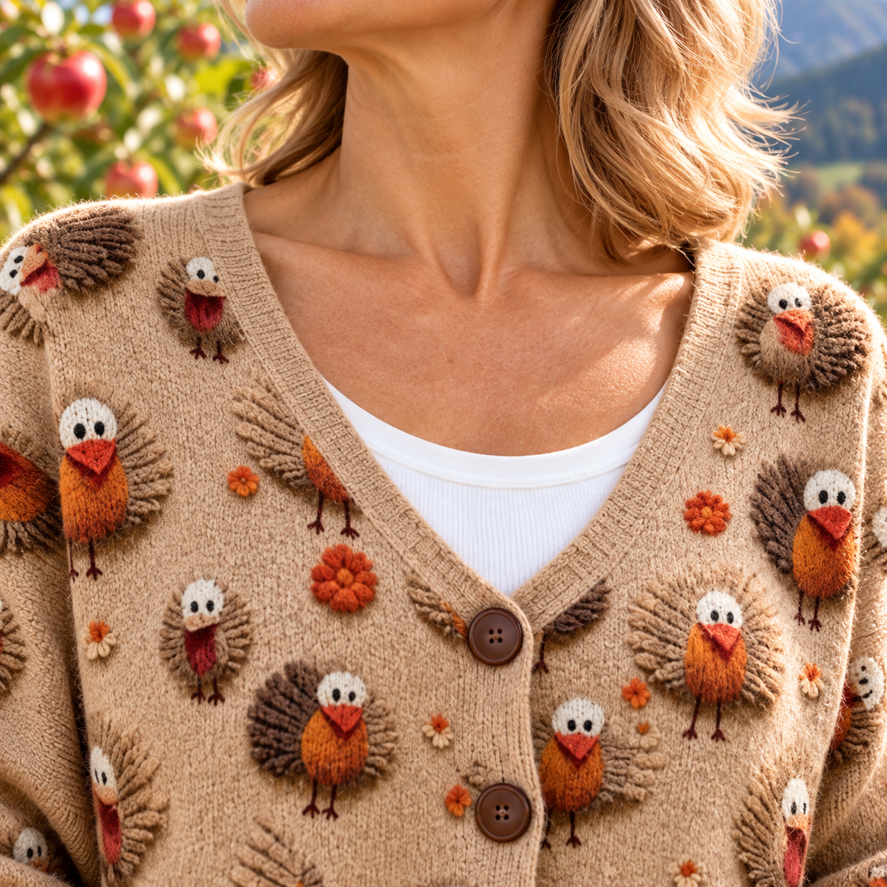 Strickjacke Ursule Detail von Ausschnitt und oberen Knöpfen.