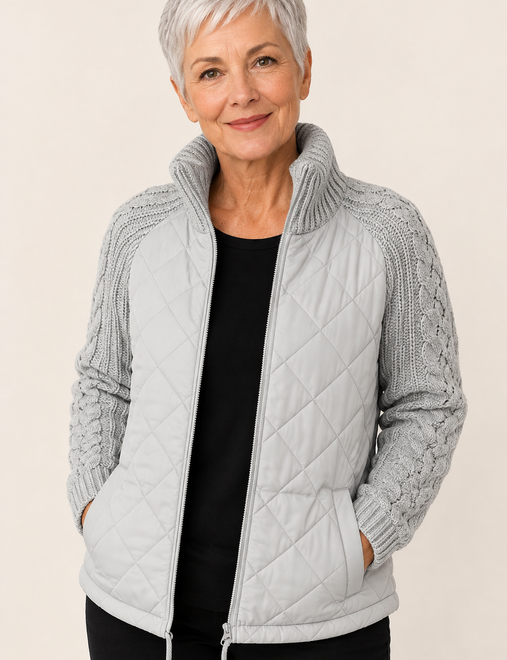 Emma hellgraue Hybrid-Strickjacke mit Steppfront an reifer Frau auf warmem beigem Hintergrund