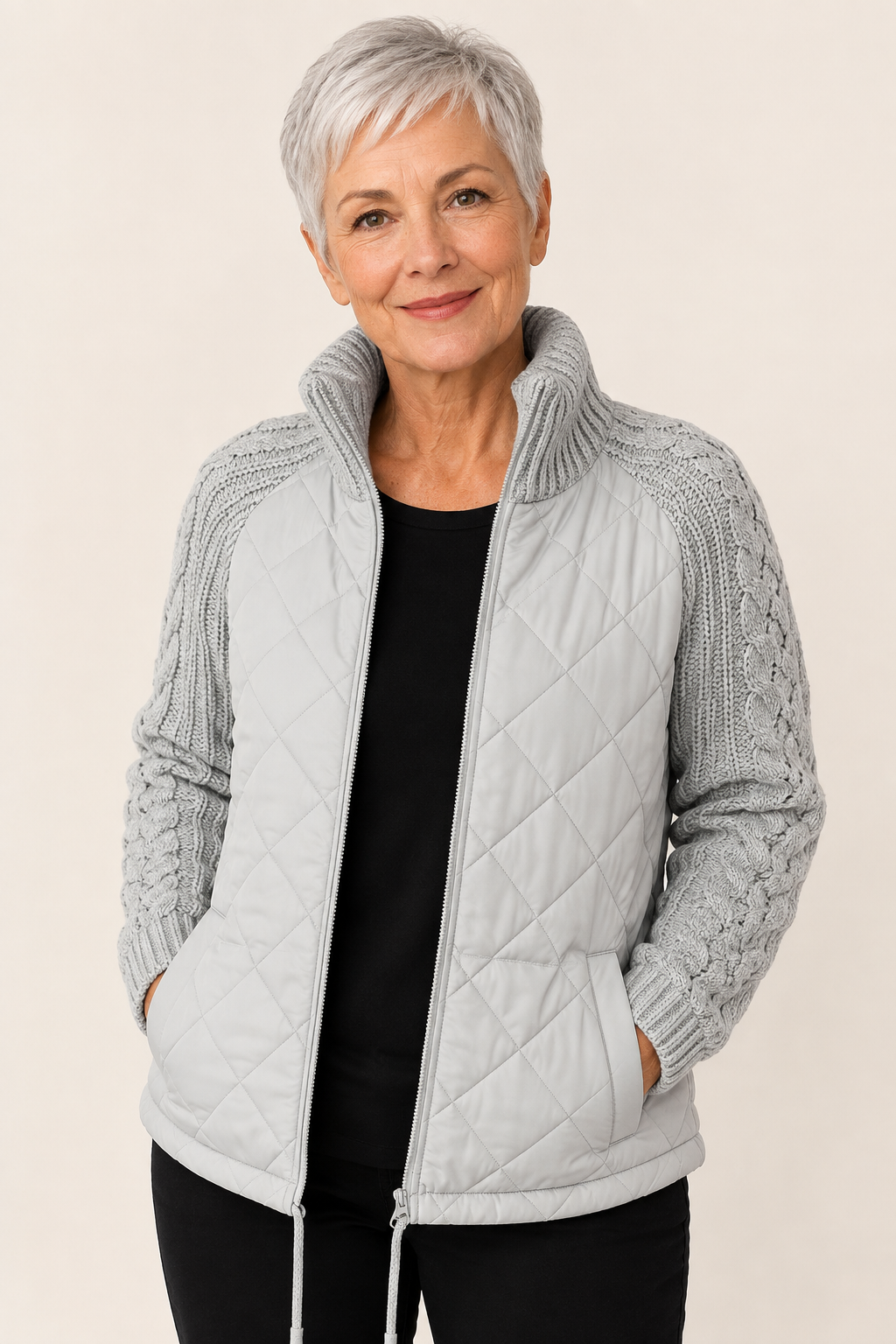 Emma hellgraue Hybrid-Strickjacke mit Steppfront an reifer Frau auf warmem beigem Hintergrund