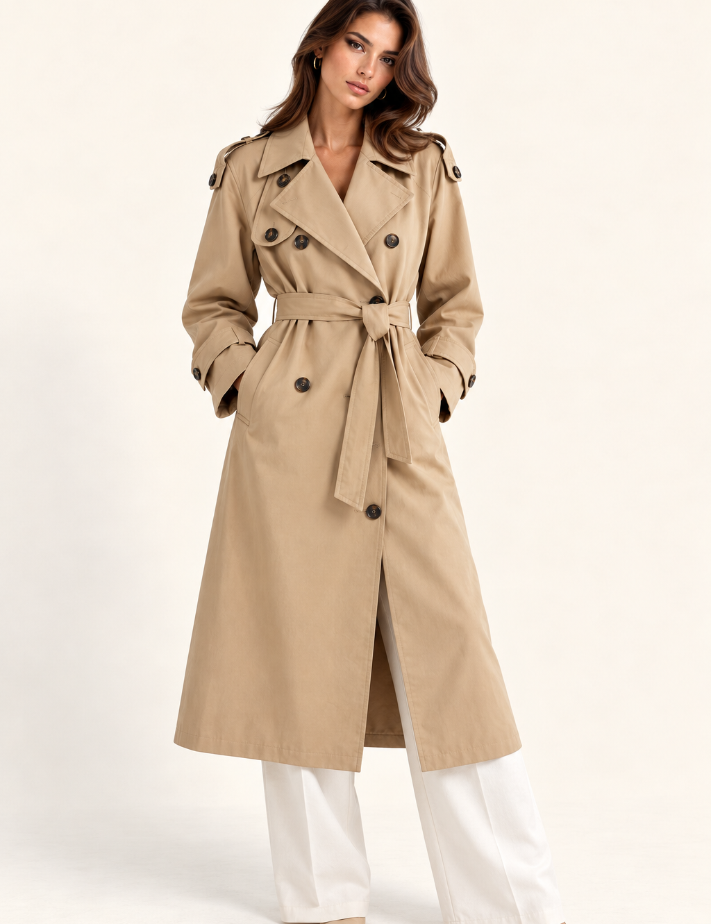 Franklin – sandbeiger Trenchcoat mit Bindegürtel, Vorderansicht