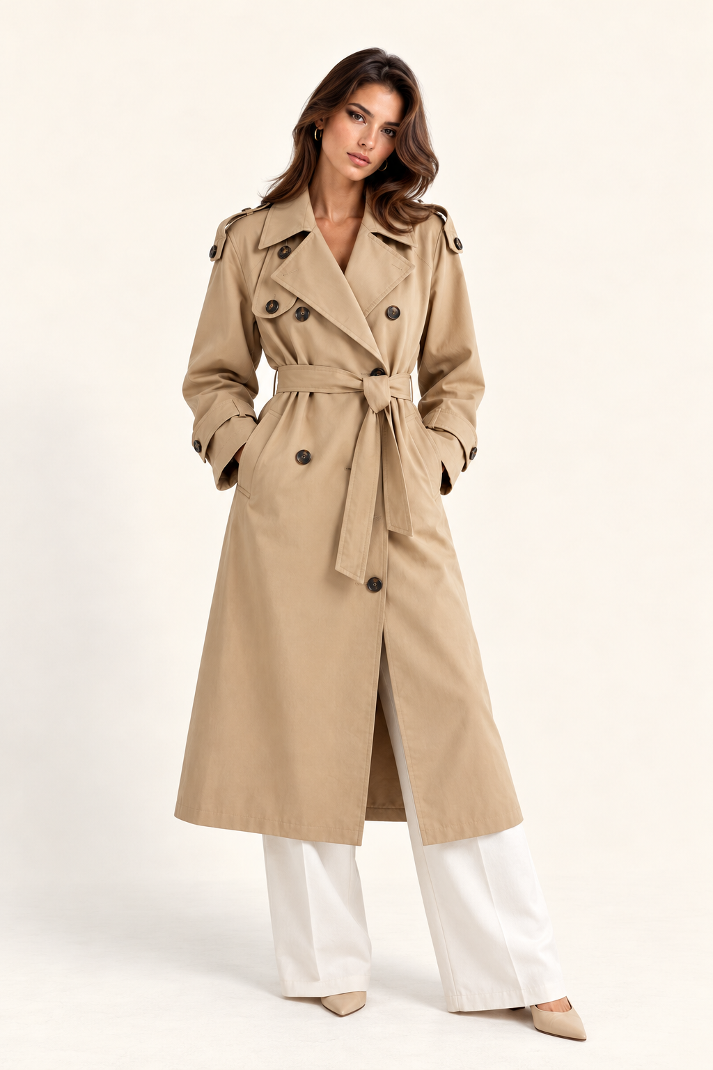 Franklin – sandbeiger Trenchcoat mit Bindegürtel, Vorderansicht