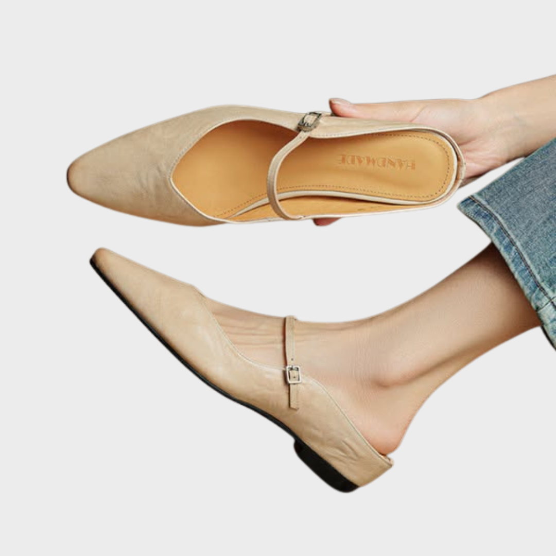 Nora | Damen Leder Mules Spitze Zehenpartie Mary Jane Riemchen Flats – Bild 1