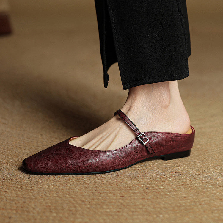 Nora | Damen Leder Mules Spitze Zehenpartie Mary Jane Riemchen Flats – Bild 11