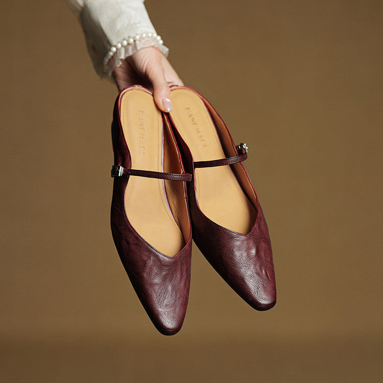 Nora | Damen Leder Mules Spitze Zehenpartie Mary Jane Riemchen Flats – Bild 12