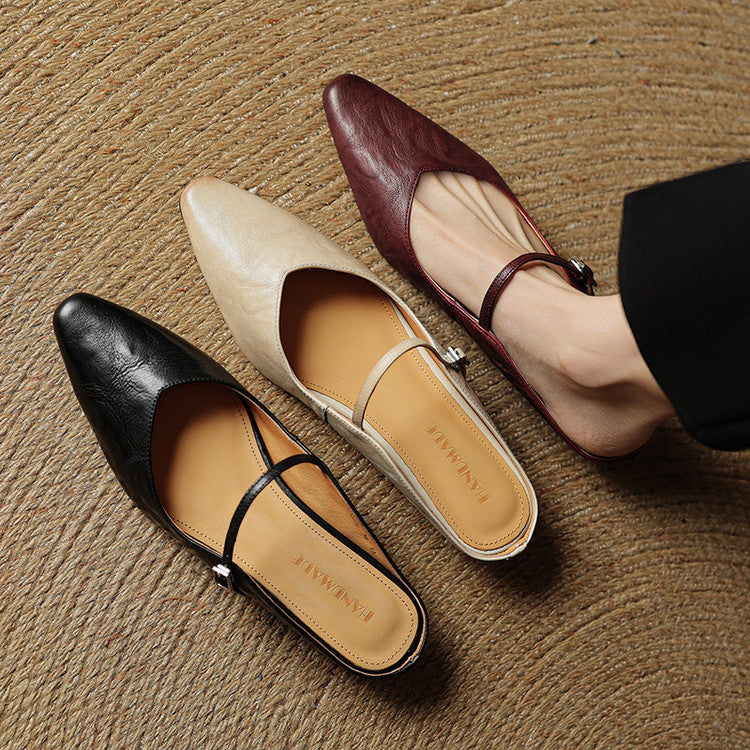 Nora | Damen Leder Mules Spitze Zehenpartie Mary Jane Riemchen Flats – Bild 16