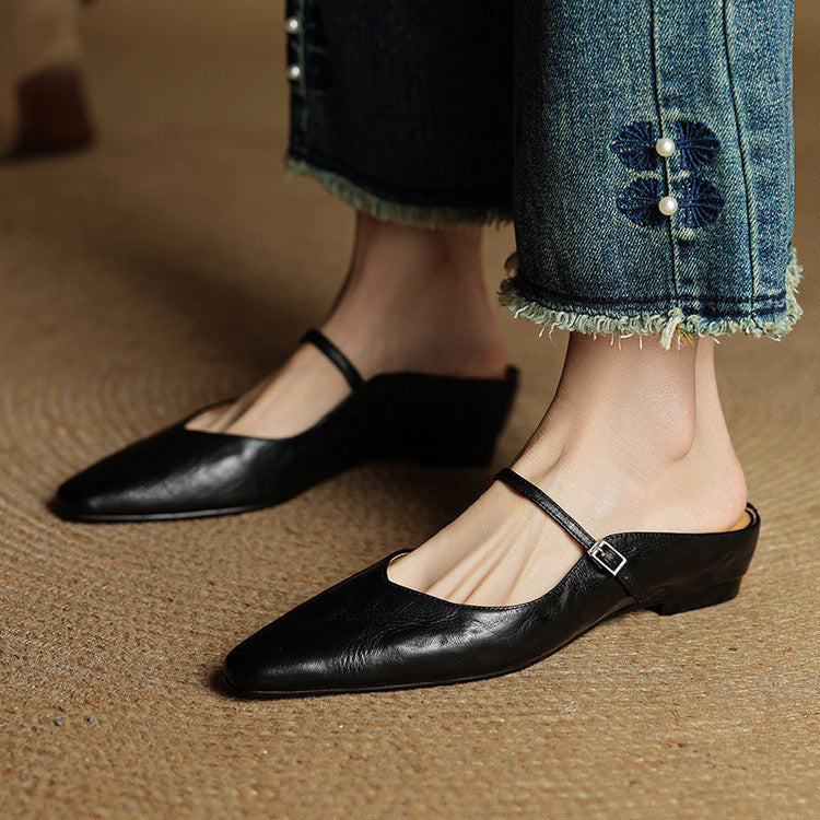 Nora | Damen Leder Mules Spitze Zehenpartie Mary Jane Riemchen Flats – Bild 17