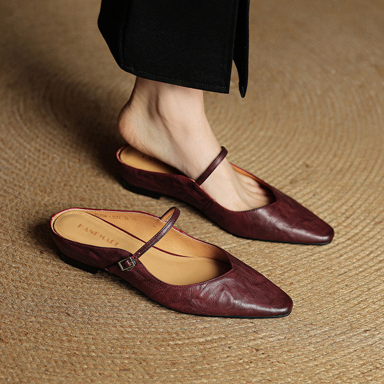 Nora | Damen Leder Mules Spitze Zehenpartie Mary Jane Riemchen Flats – Bild 2
