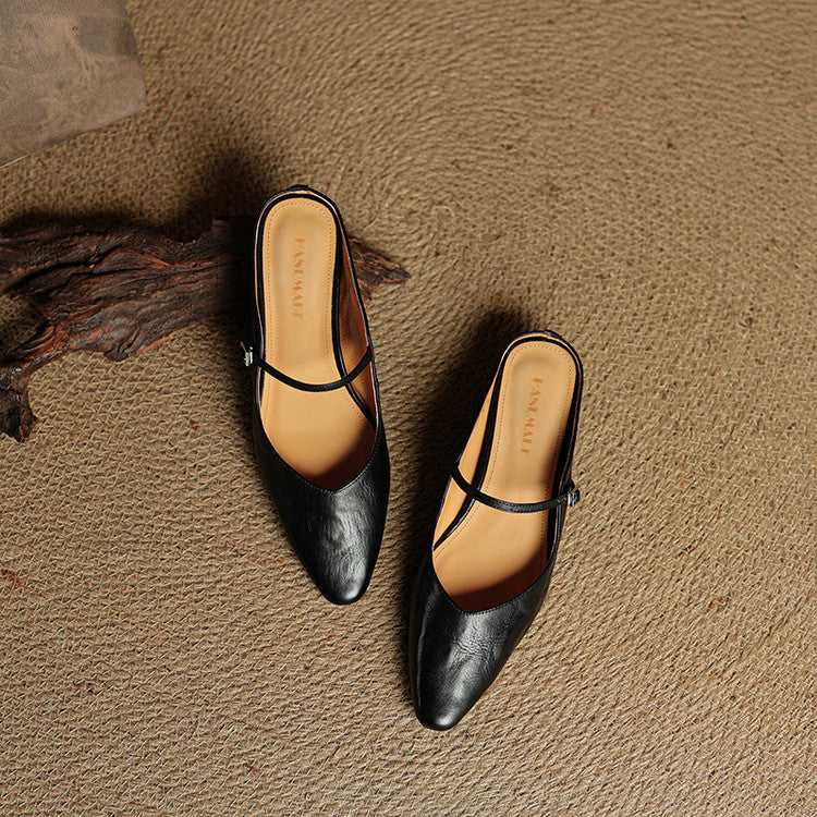 Nora | Damen Leder Mules Spitze Zehenpartie Mary Jane Riemchen Flats – Bild 20