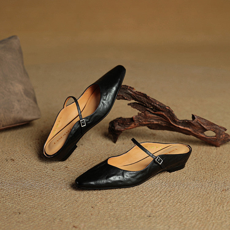 Nora | Damen Leder Mules Spitze Zehenpartie Mary Jane Riemchen Flats – Bild 21