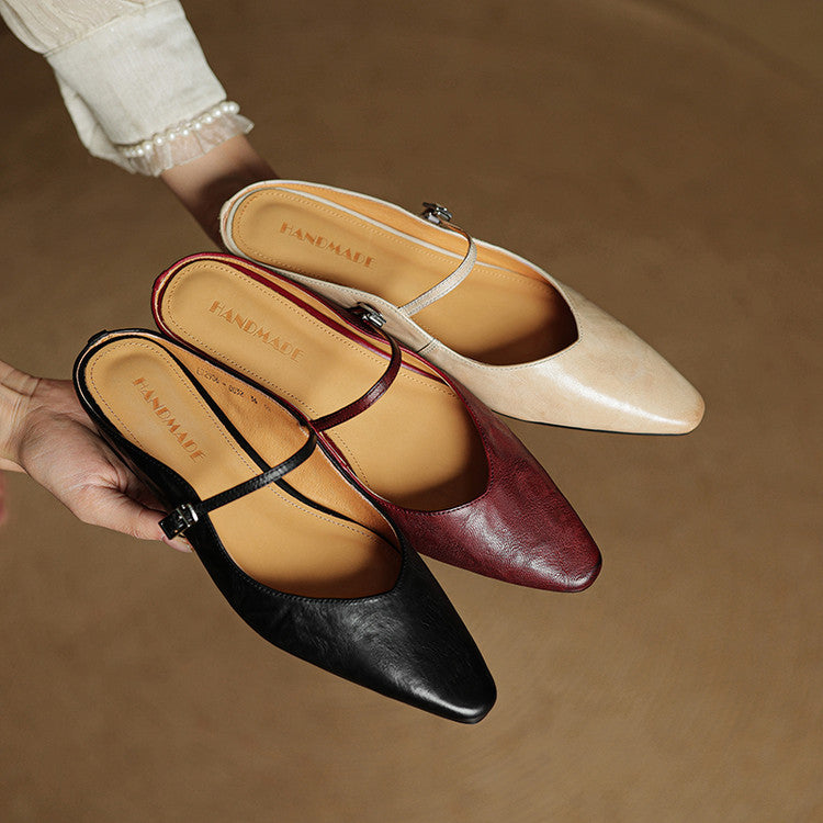Nora | Damen Leder Mules Spitze Zehenpartie Mary Jane Riemchen Flats – Bild 22