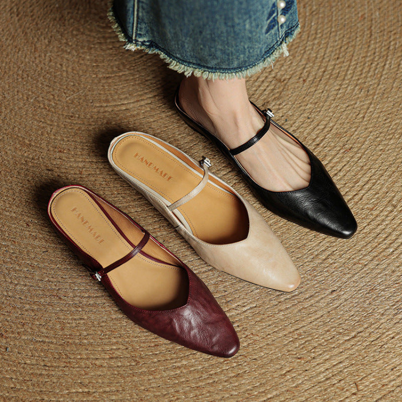 Nora | Damen Leder Mules Spitze Zehenpartie Mary Jane Riemchen Flats – Bild 23