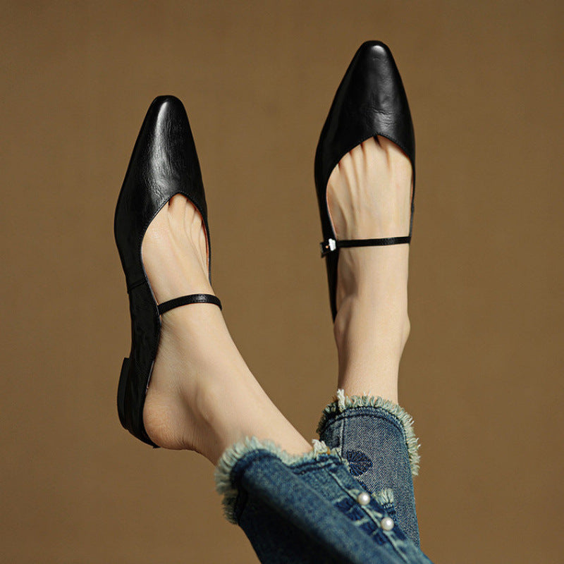Nora | Damen Leder Mules Spitze Zehenpartie Mary Jane Riemchen Flats – Bild 3