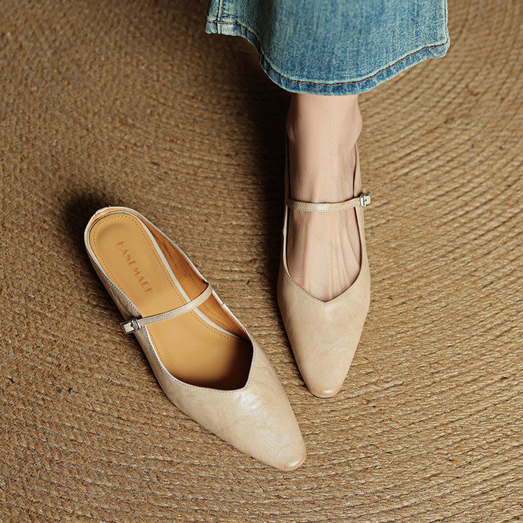 Nora | Damen Leder Mules Spitze Zehenpartie Mary Jane Riemchen Flats – Bild 5
