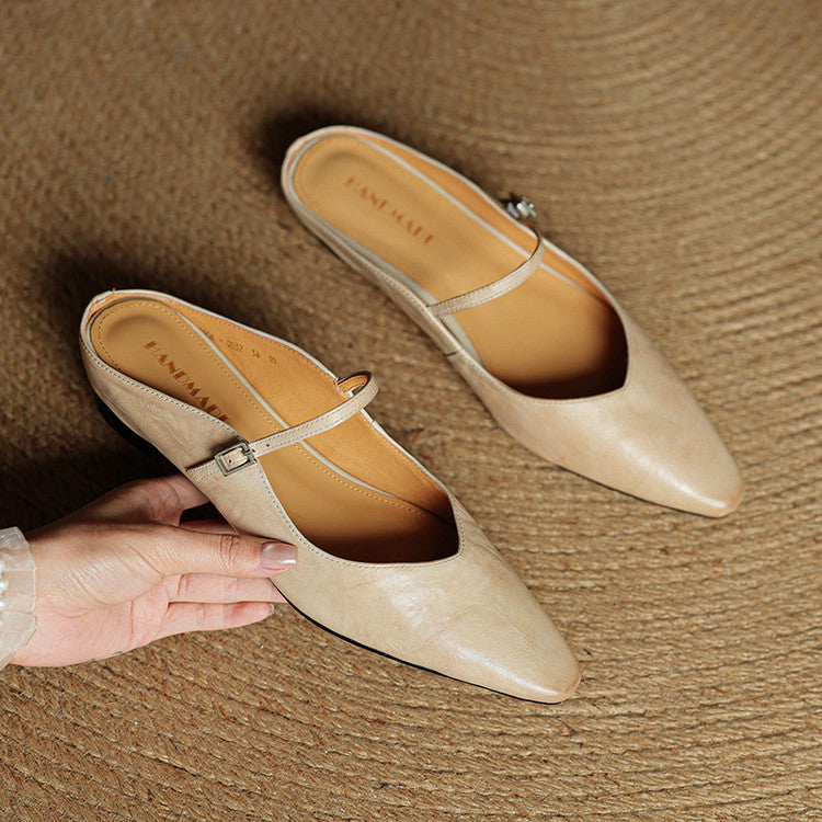 Nora | Damen Leder Mules Spitze Zehenpartie Mary Jane Riemchen Flats – Bild 6