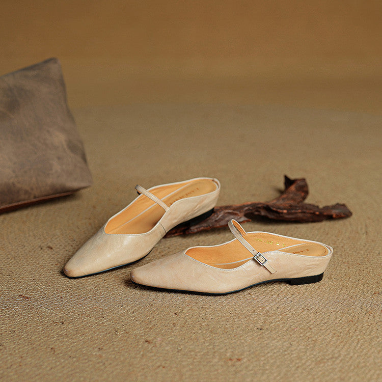 Nora | Damen Leder Mules Spitze Zehenpartie Mary Jane Riemchen Flats – Bild 8