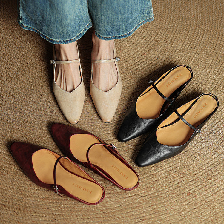 Nora | Damen Leder Mules Spitze Zehenpartie Mary Jane Riemchen Flats – Bild 9