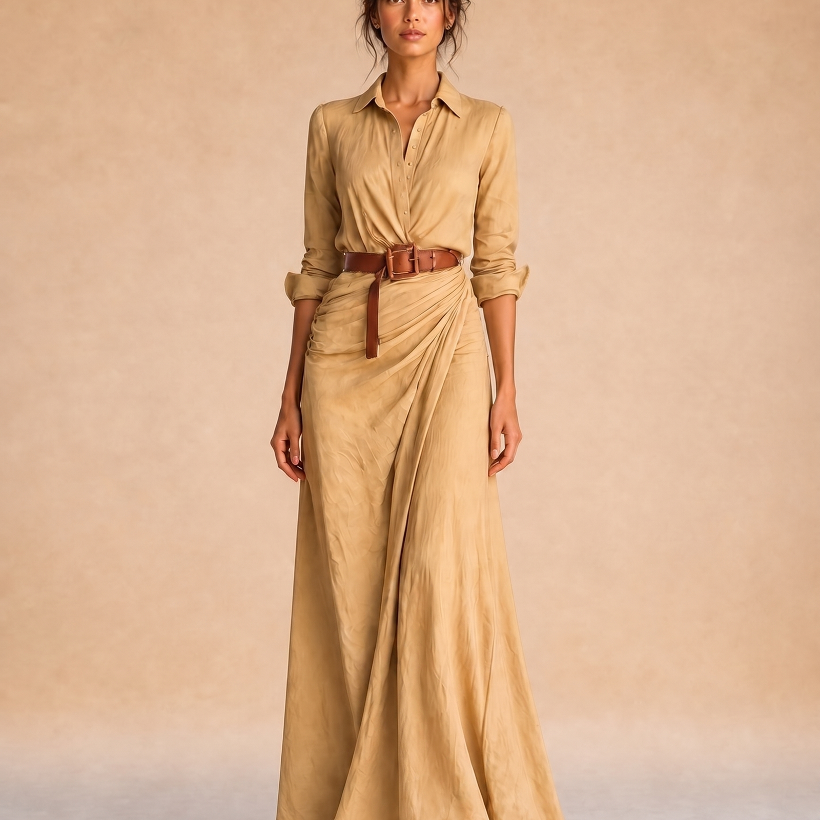 Abendkleid mit weiblichem Model auf beigem Hintergrund