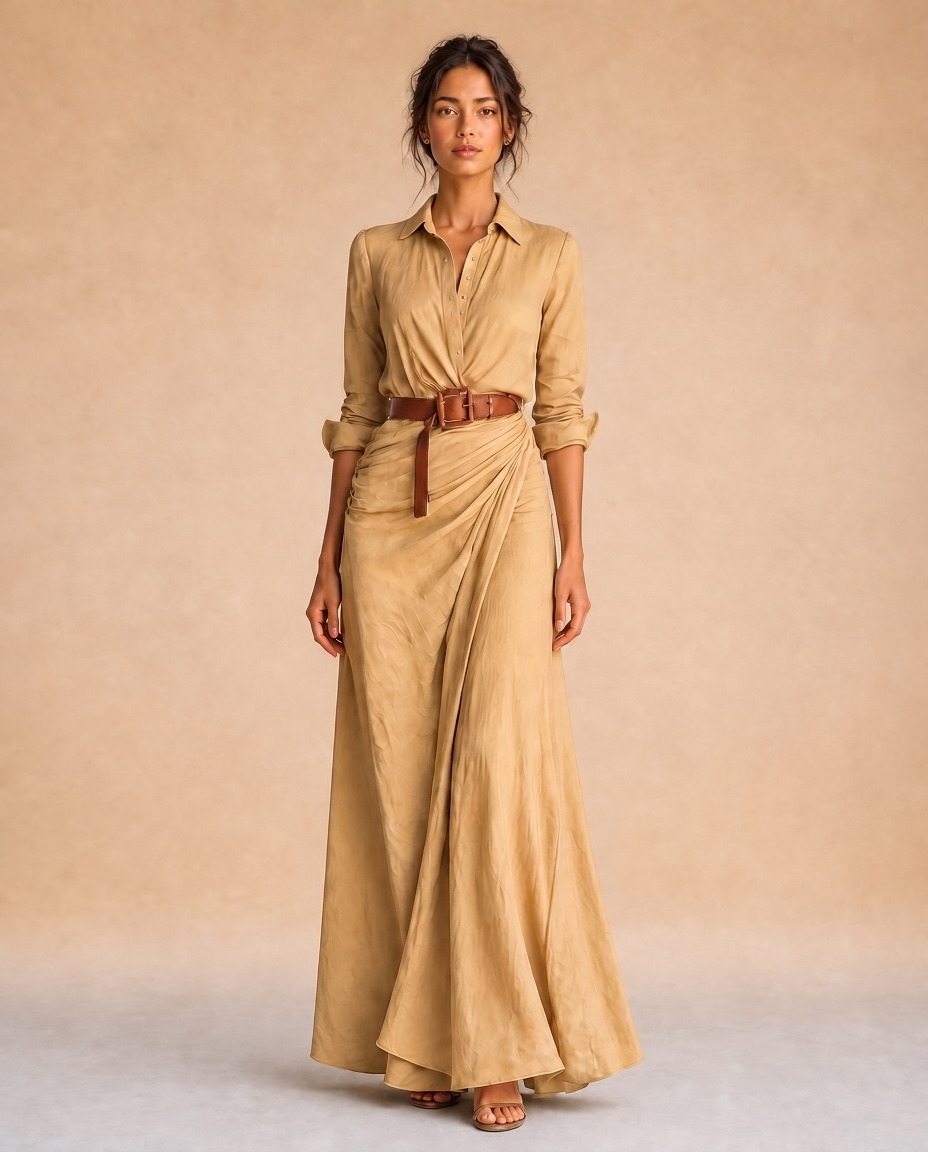 Abendkleid mit weiblichem Model auf beigem Hintergrund