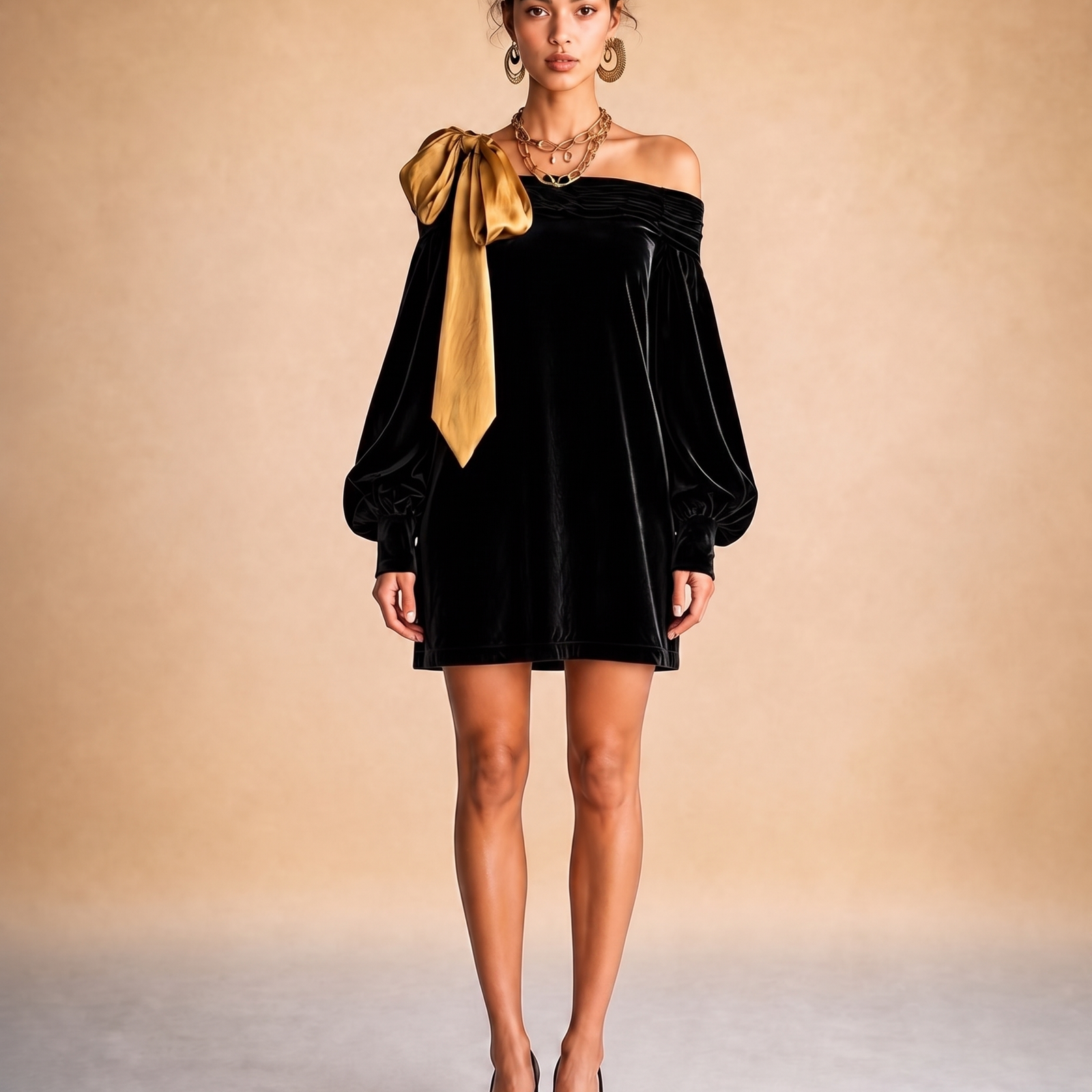 Abendkleid mit weiblichem Model auf beigem Hintergrund