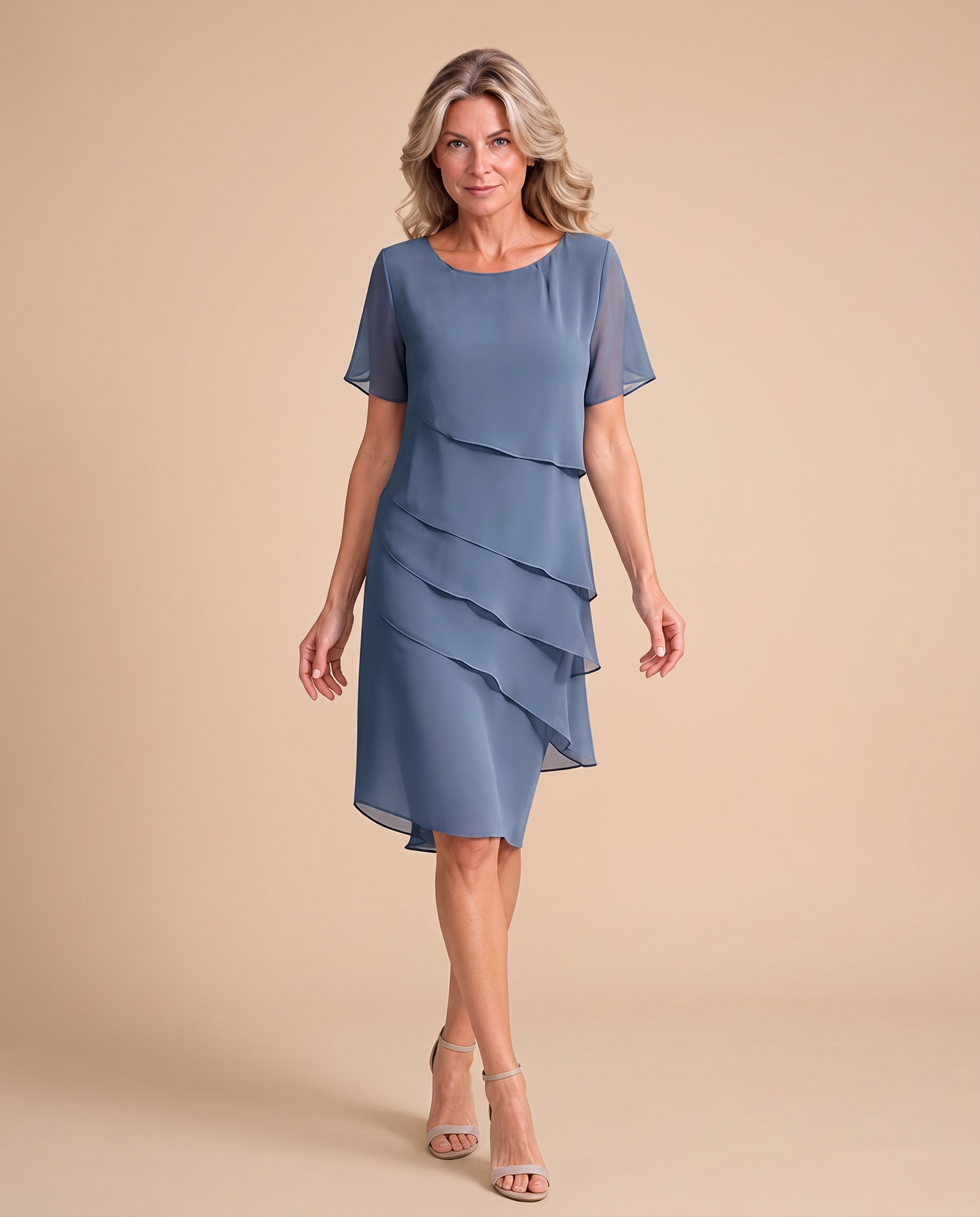 Abendkleid mit weiblichem Model auf beigem Hintergrund