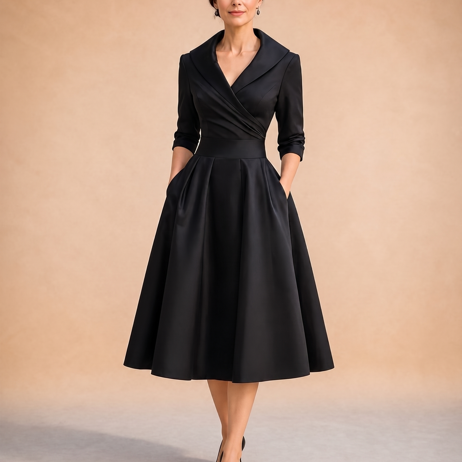 Abendkleid mit weiblichem Model auf beigem Hintergrund