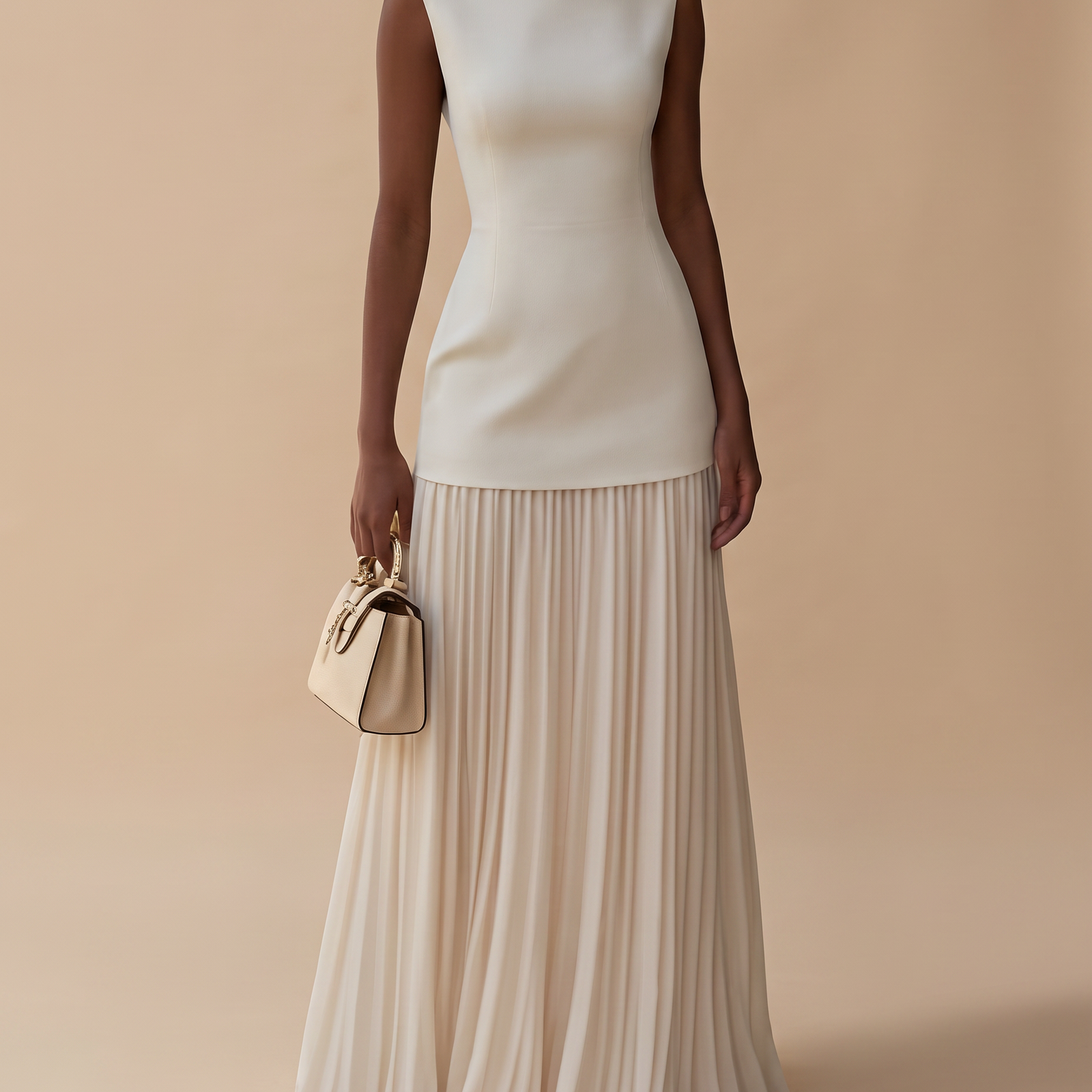 Abendkleid mit weiblichem Model auf beigem Hintergrund