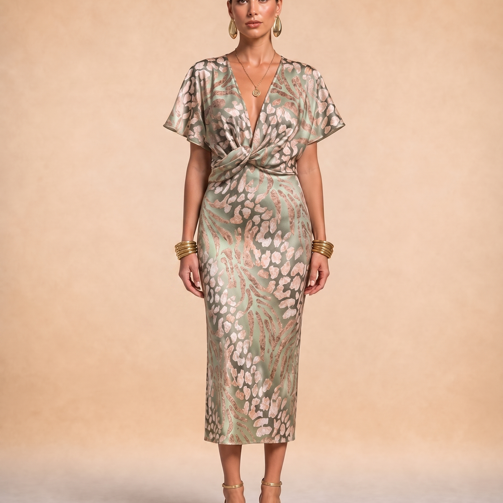 Abendkleid mit weiblichem Model auf beigem Hintergrund