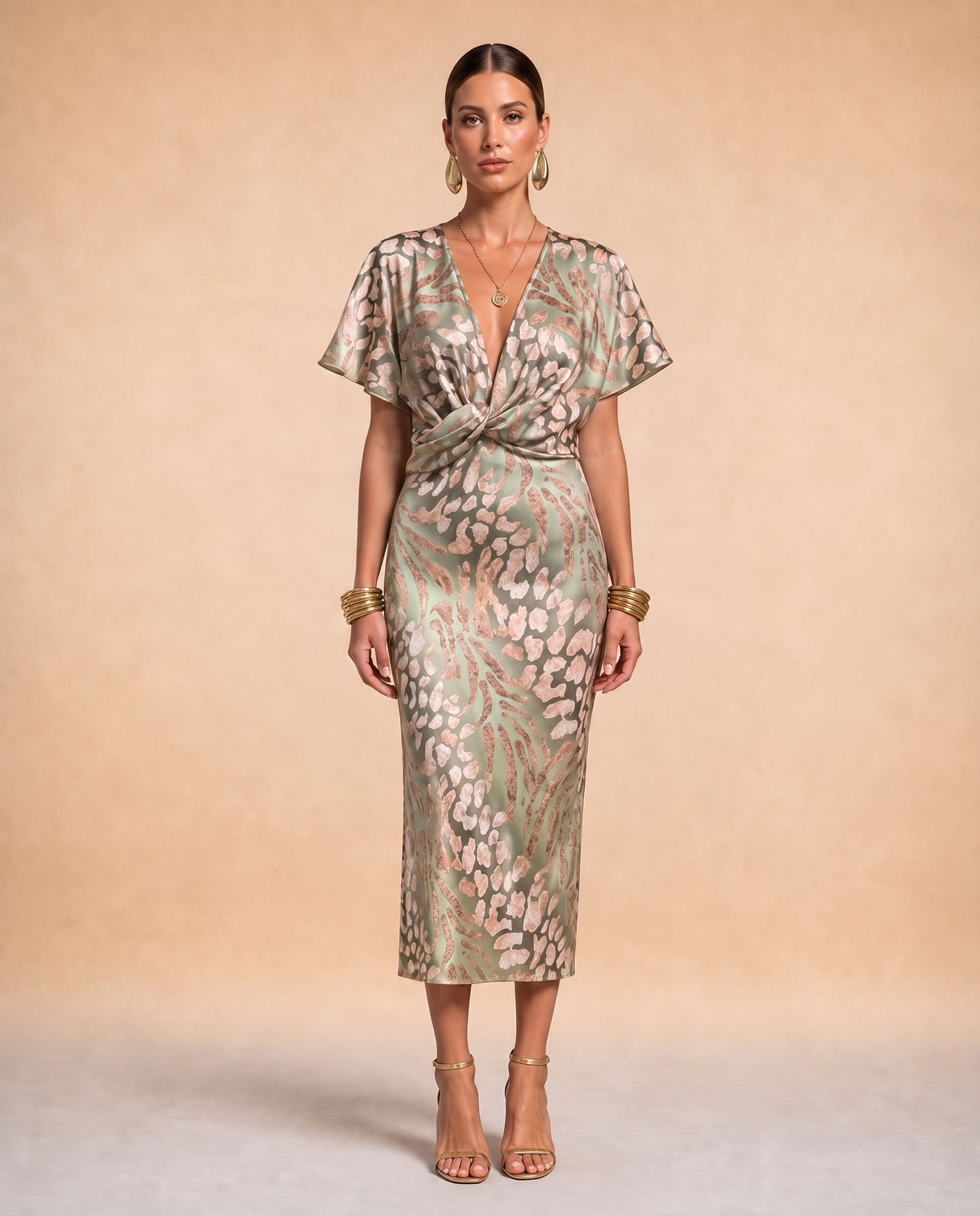 Abendkleid mit weiblichem Model auf beigem Hintergrund