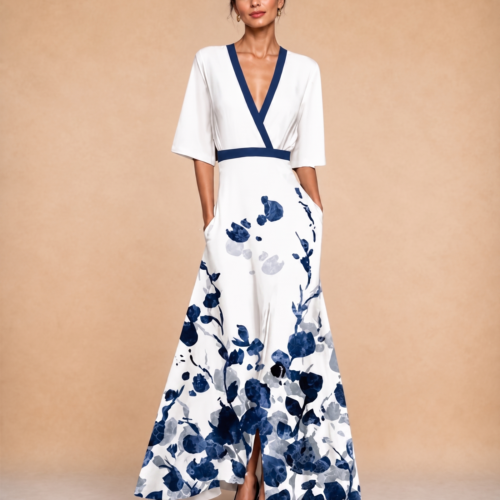 Vestido de noite feminino em fundo bege