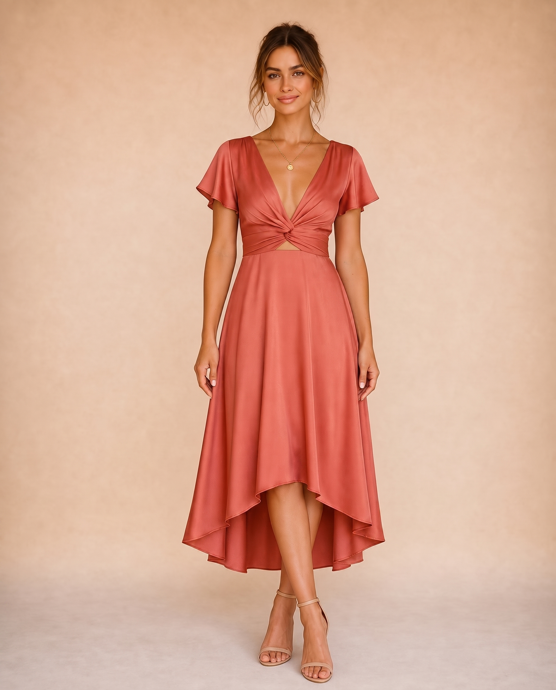 Abendkleid auf warmbeigem Hintergrund #E8DED2