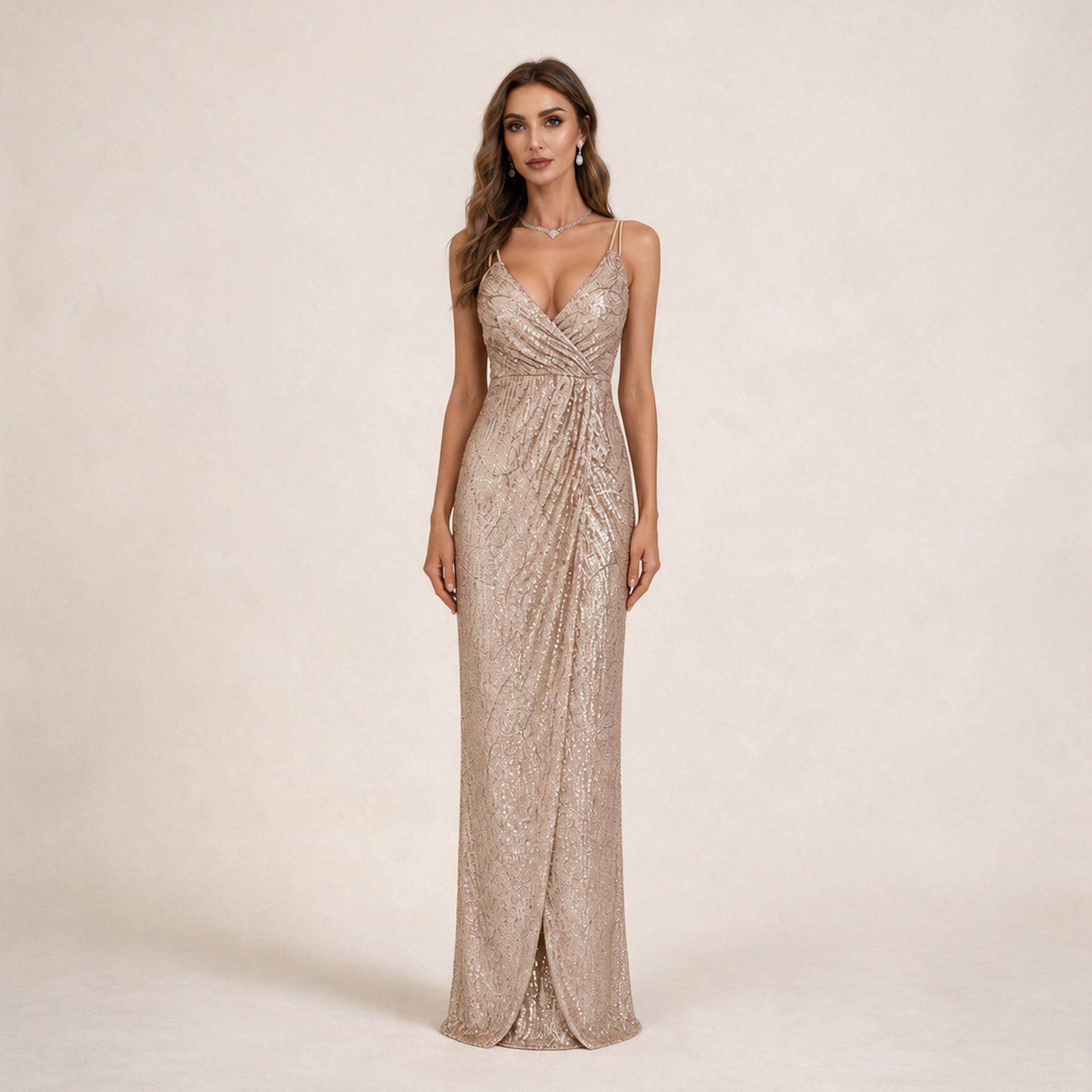 Modelo feminina a usar o vestido em fundo bege