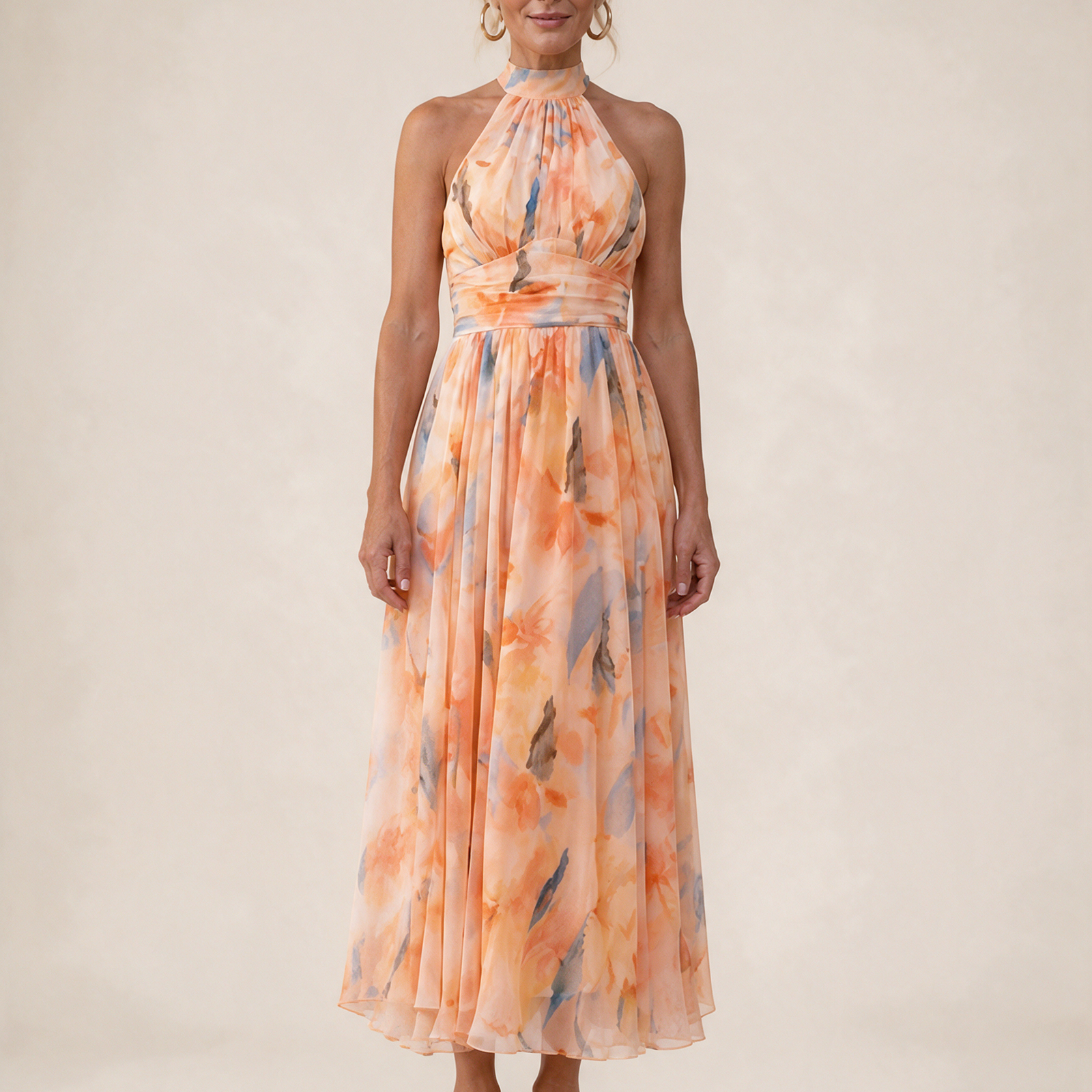Emma Wien vestido 19 – Modelo feminina em fundo bege