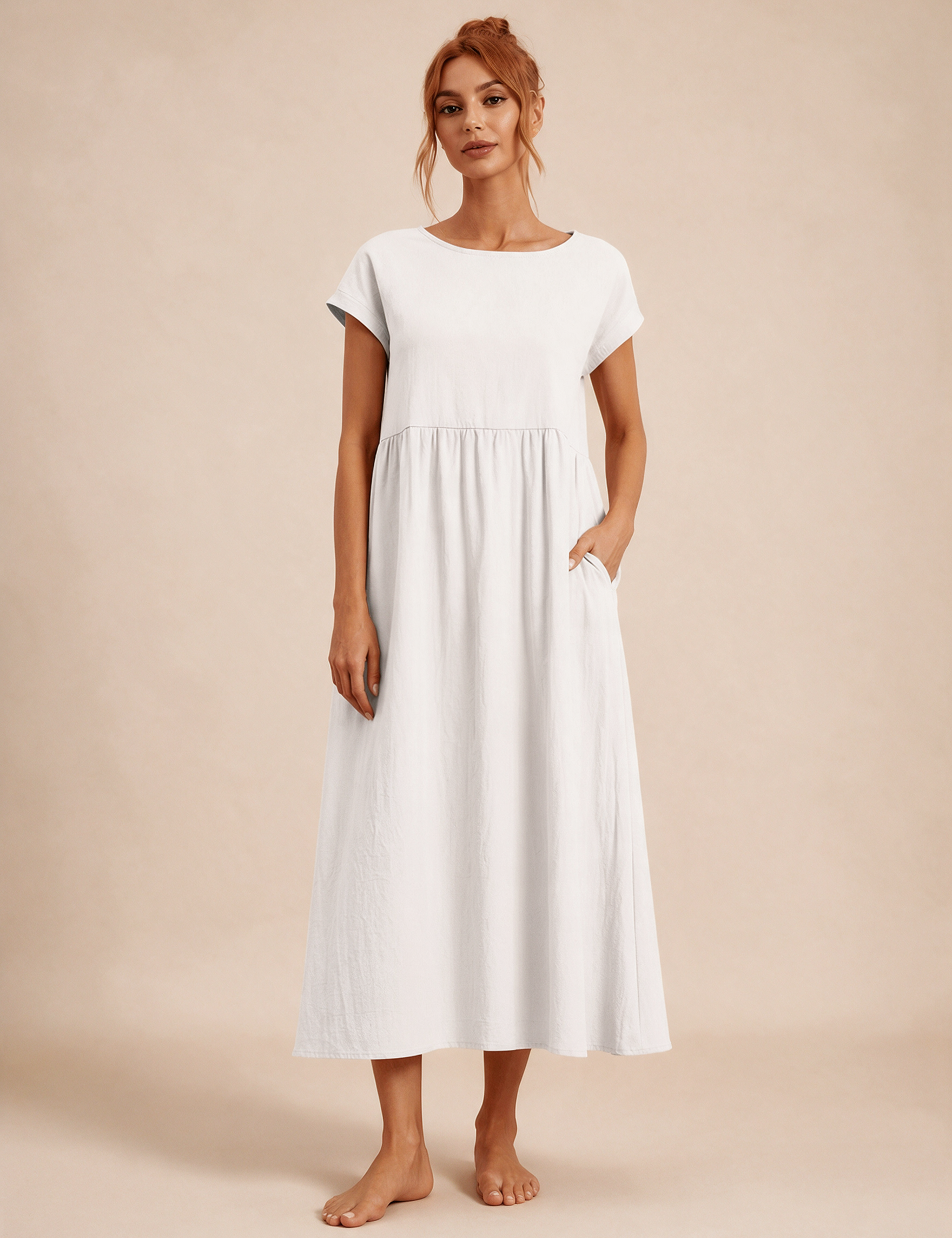 Emma Wien vestido 22 – Modelo feminina em fundo bege