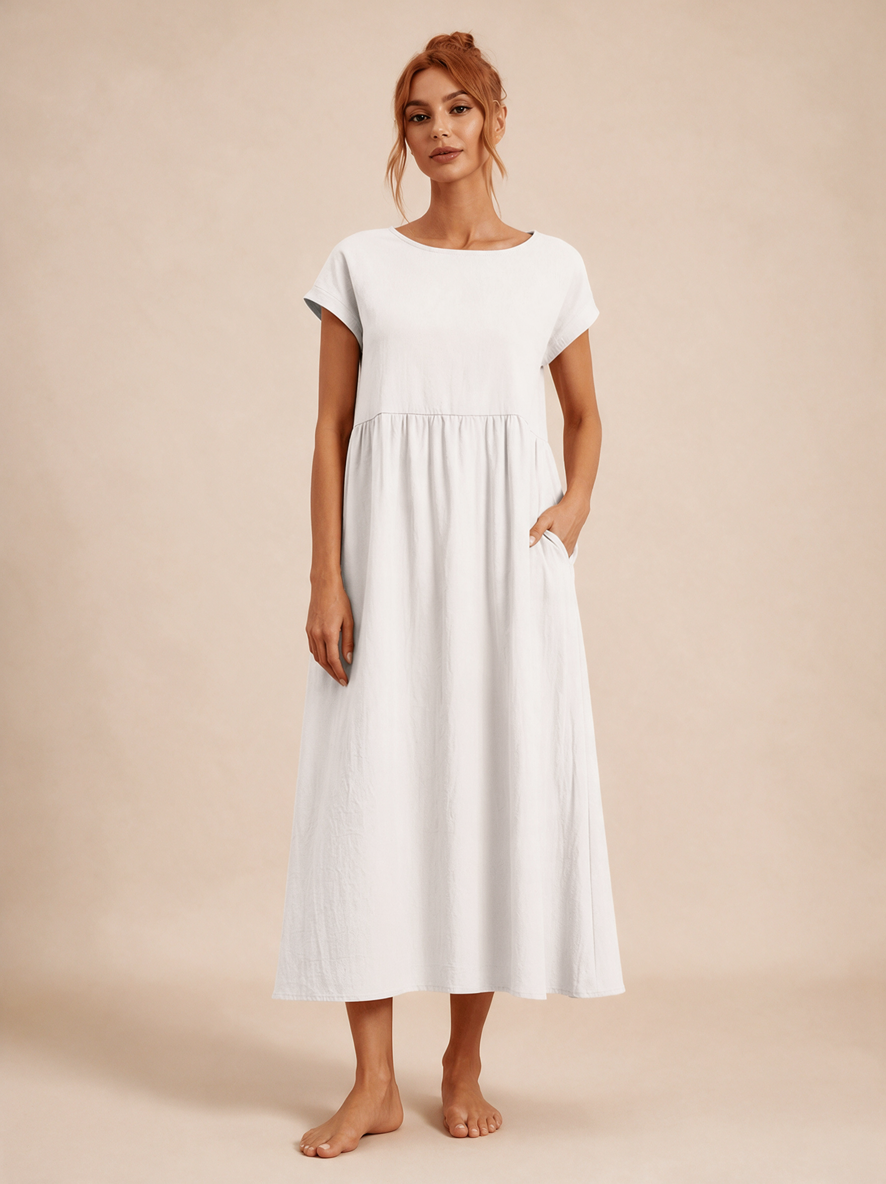 Emma Wien vestido 22 – Modelo feminina em fundo bege