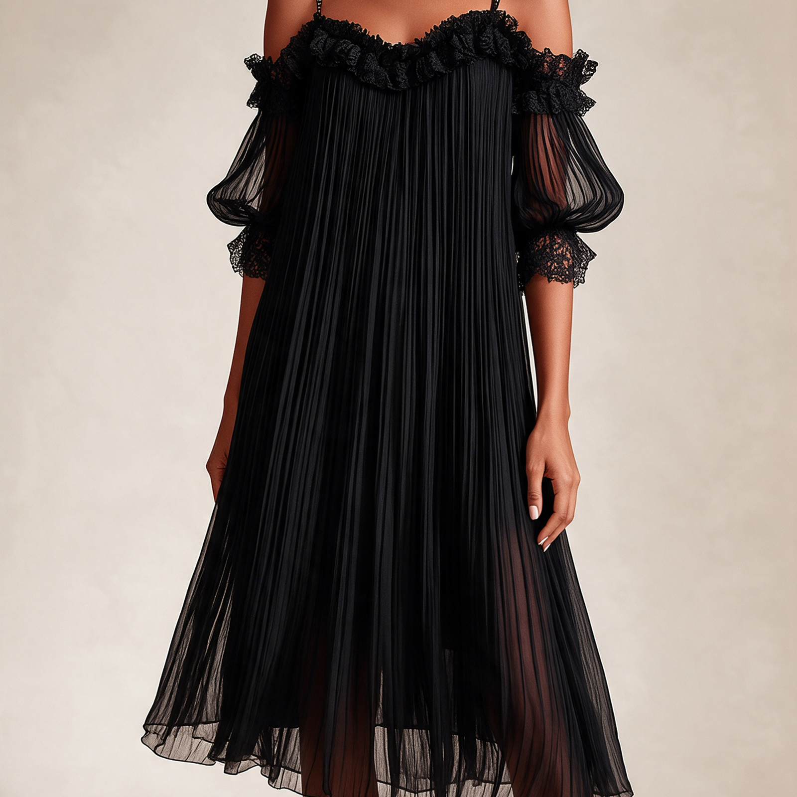 Emma Wien vestido 27 – Modelo feminina em fundo bege