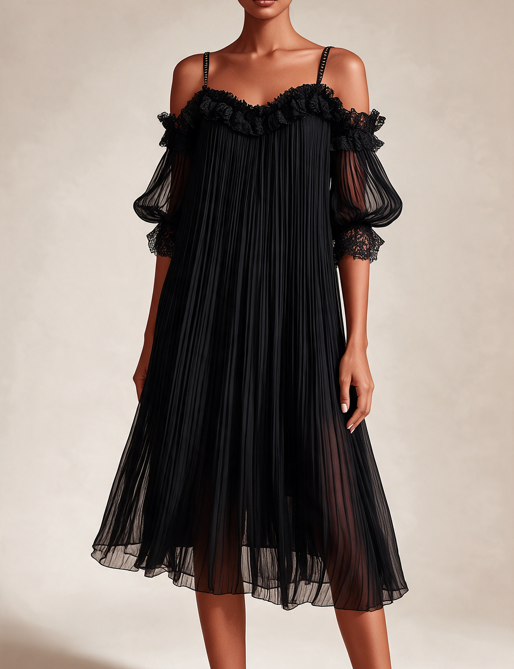 Emma Wien vestido 27 – Modelo feminina em fundo bege