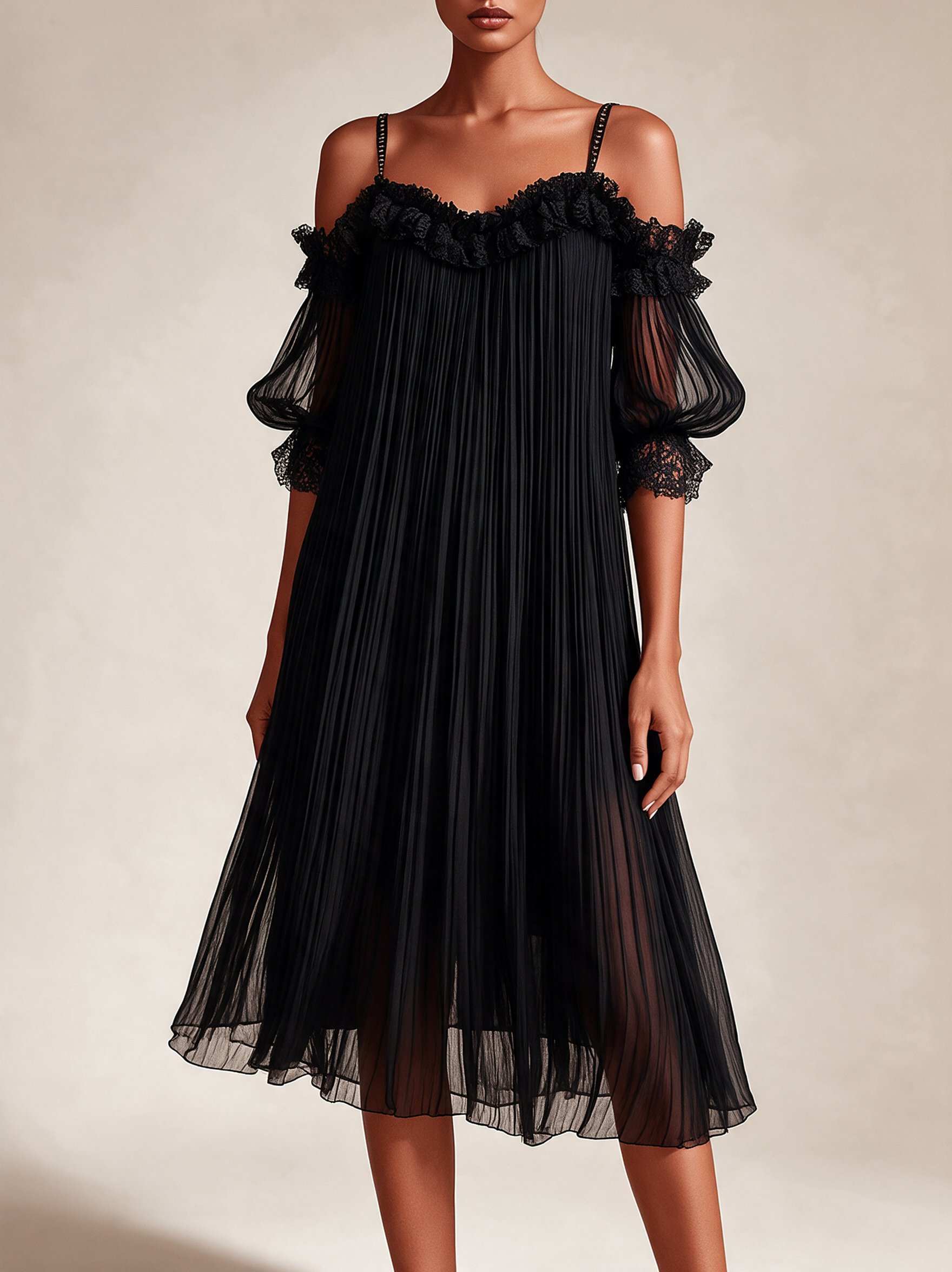 Emma Wien vestido 27 – Modelo feminina em fundo bege