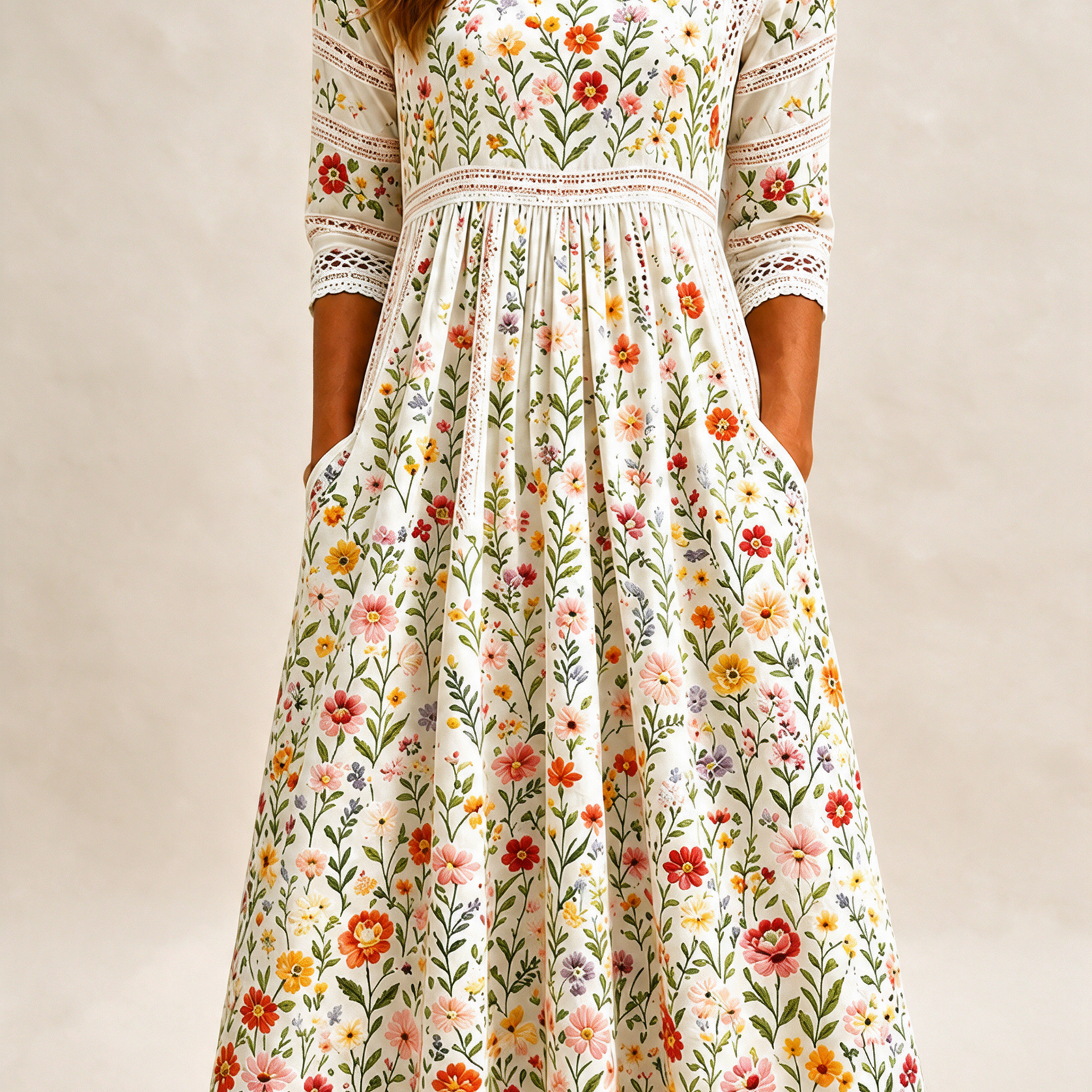 Emma Wien vestido 31 – Modelo feminina em fundo bege