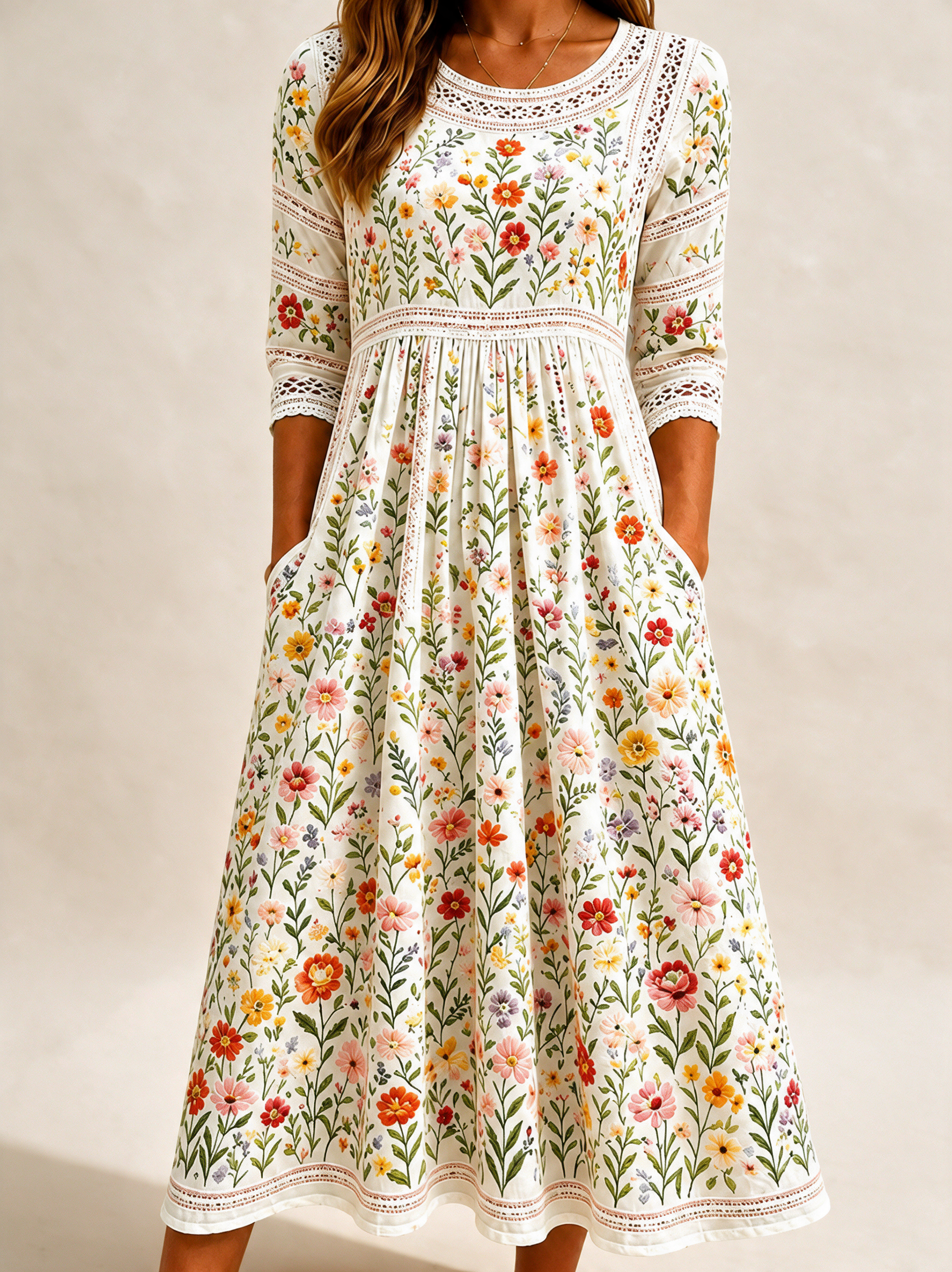 Emma Wien vestido 31 – Modelo feminina em fundo bege