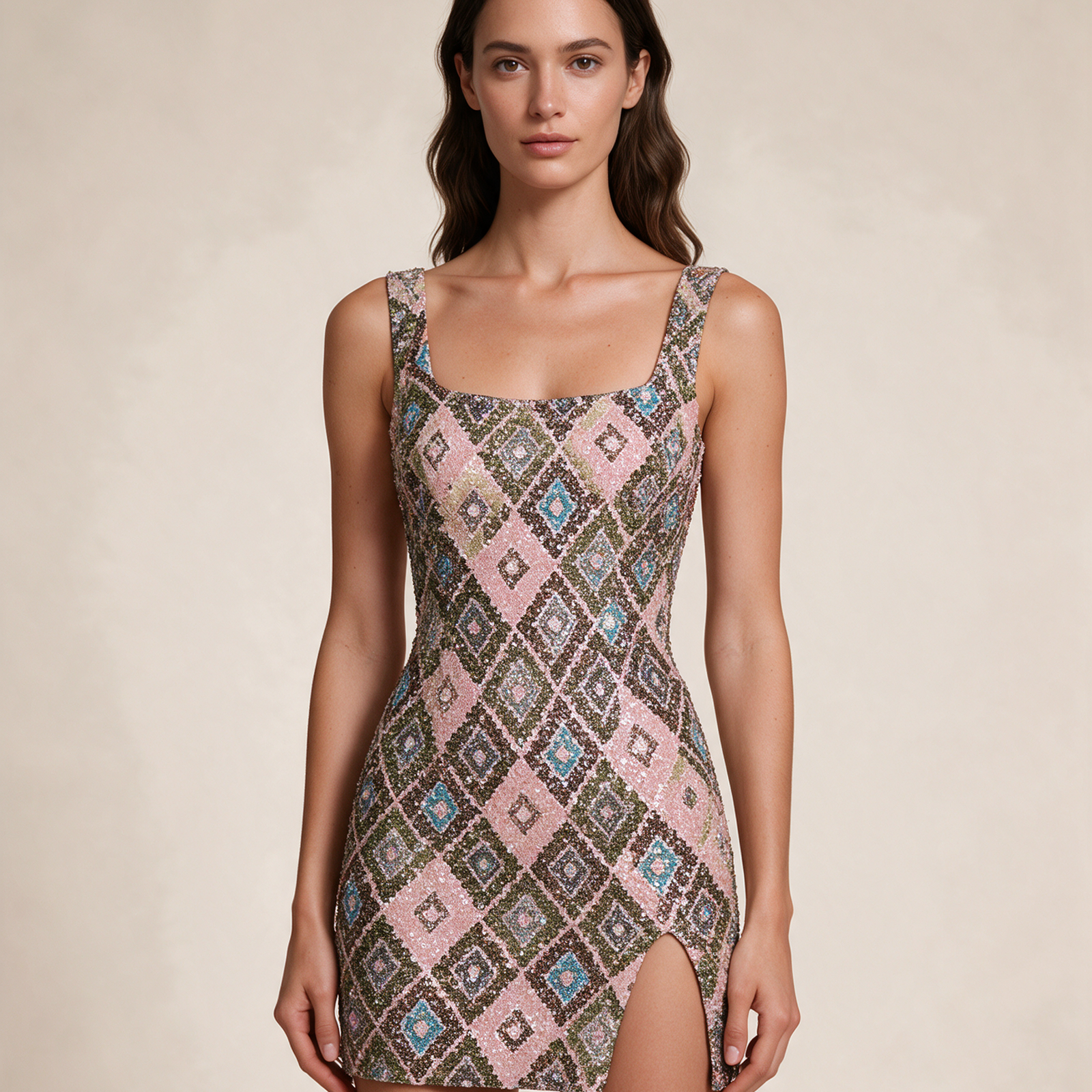 Modelo feminina a usar o vestido em fundo bege