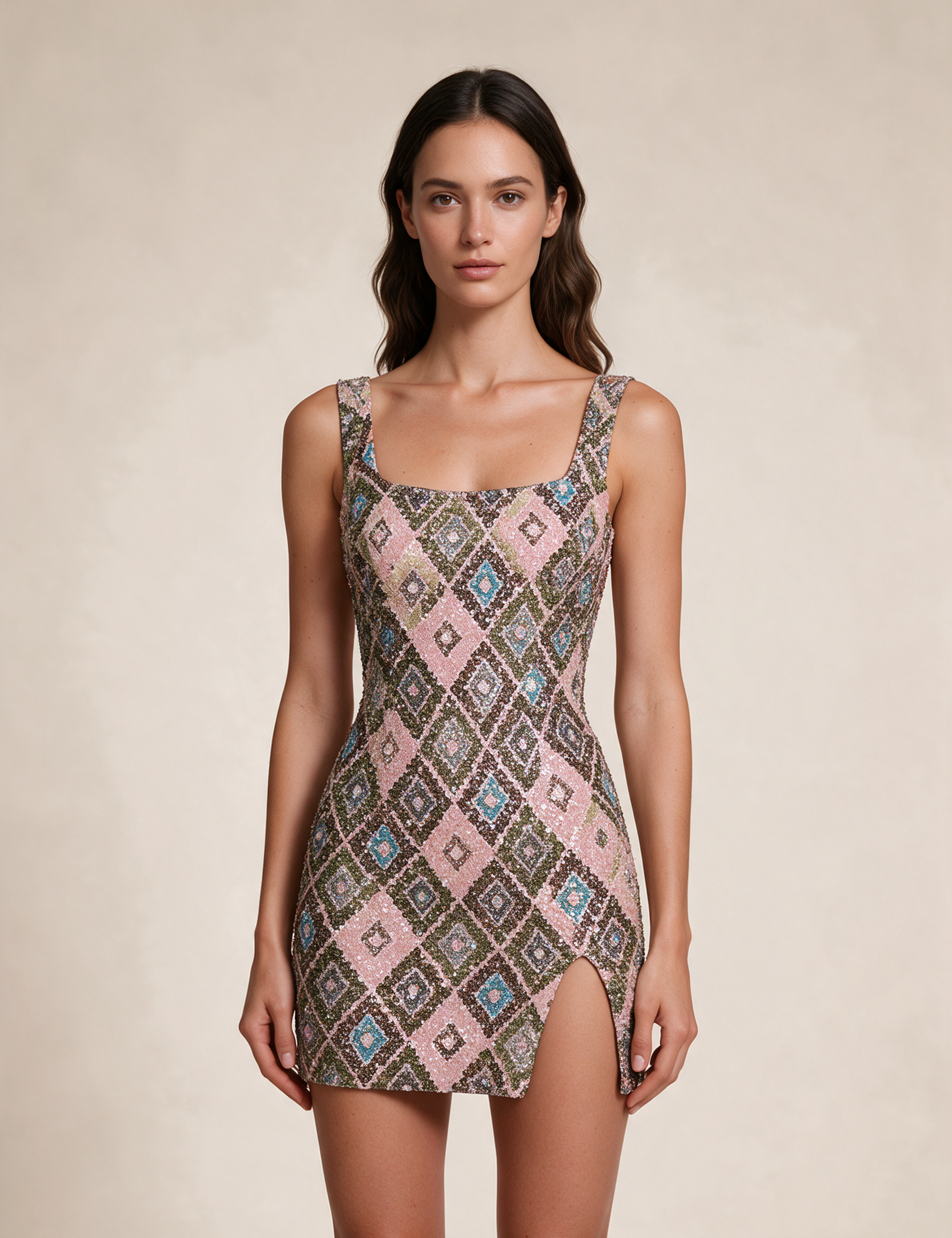 Modelo feminina a usar o vestido em fundo bege
