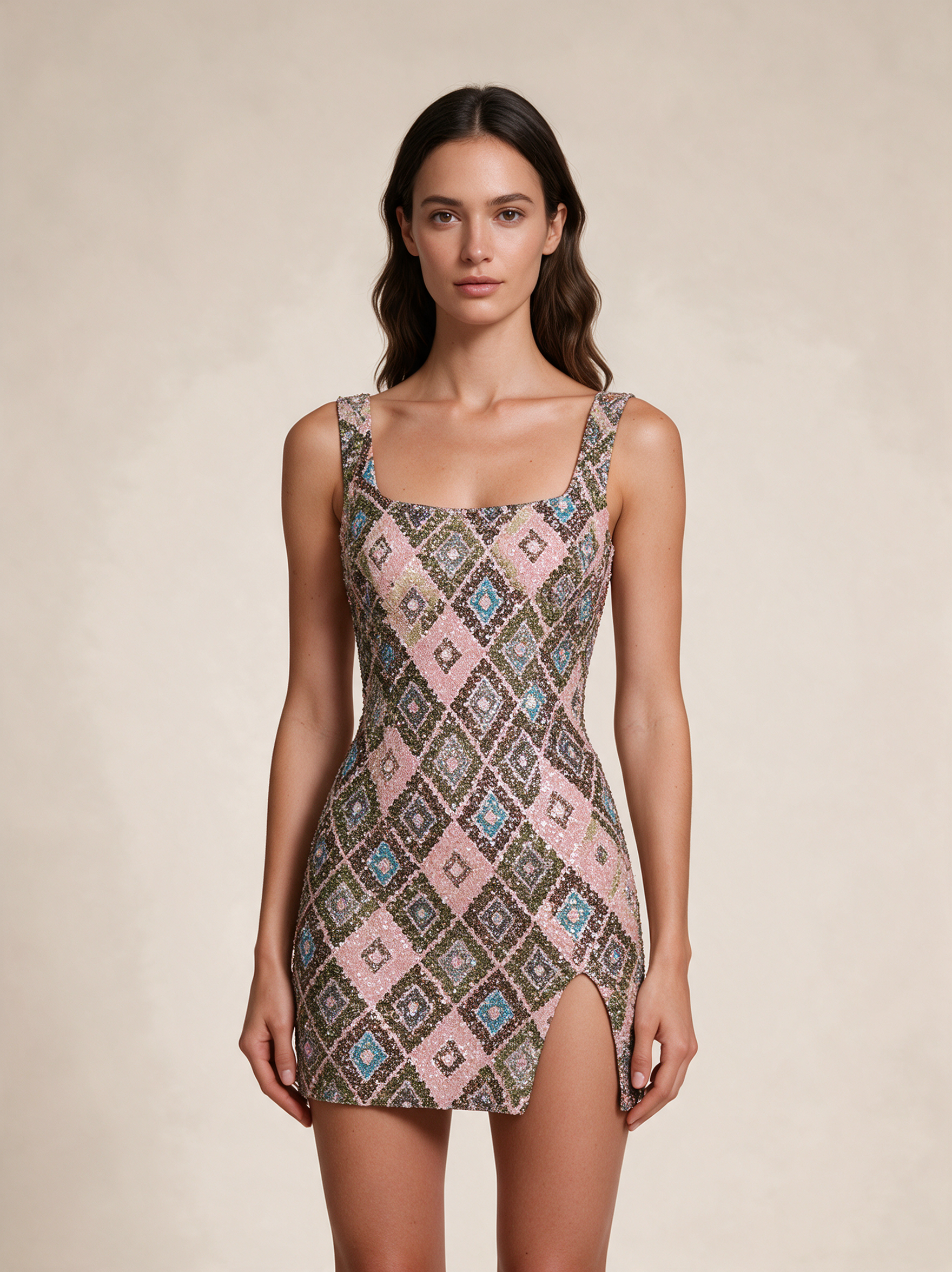 Modelo feminina a usar o vestido em fundo bege